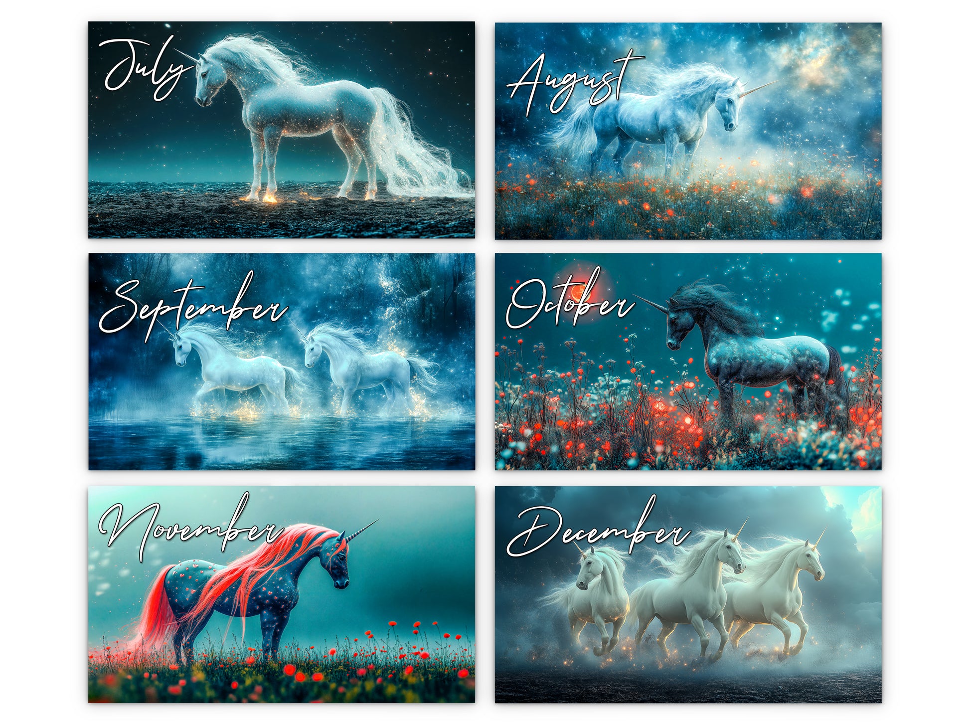 Six-month calendar with unicorn illustrations for each month.