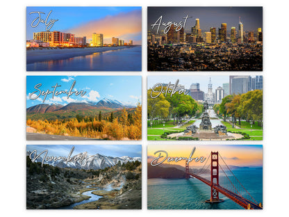 United States Vistas by Kaleidoscope Artisan - Cities and Landscapes with Holidays 2027 wall calendar monthly artwork preview July through December
