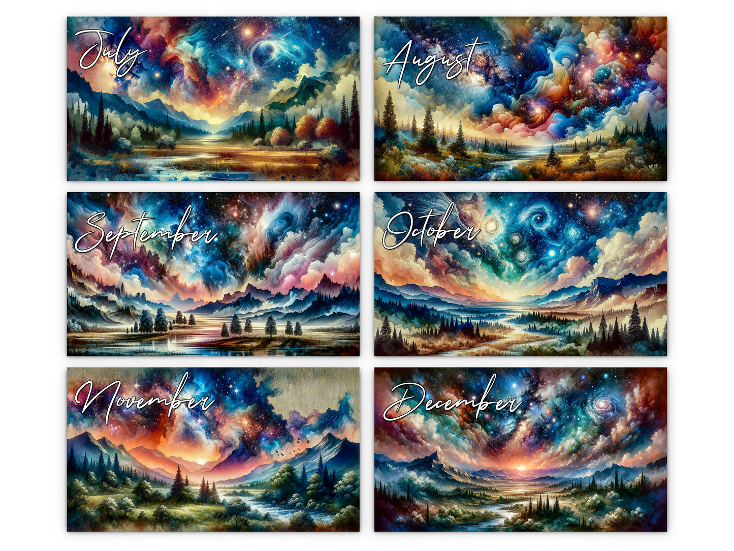 Watercolor Horizons 2027 wall calendar monthly artwork preview July through December