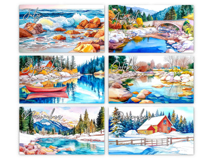 Set of six seasonal landscape illustrations for July to December.