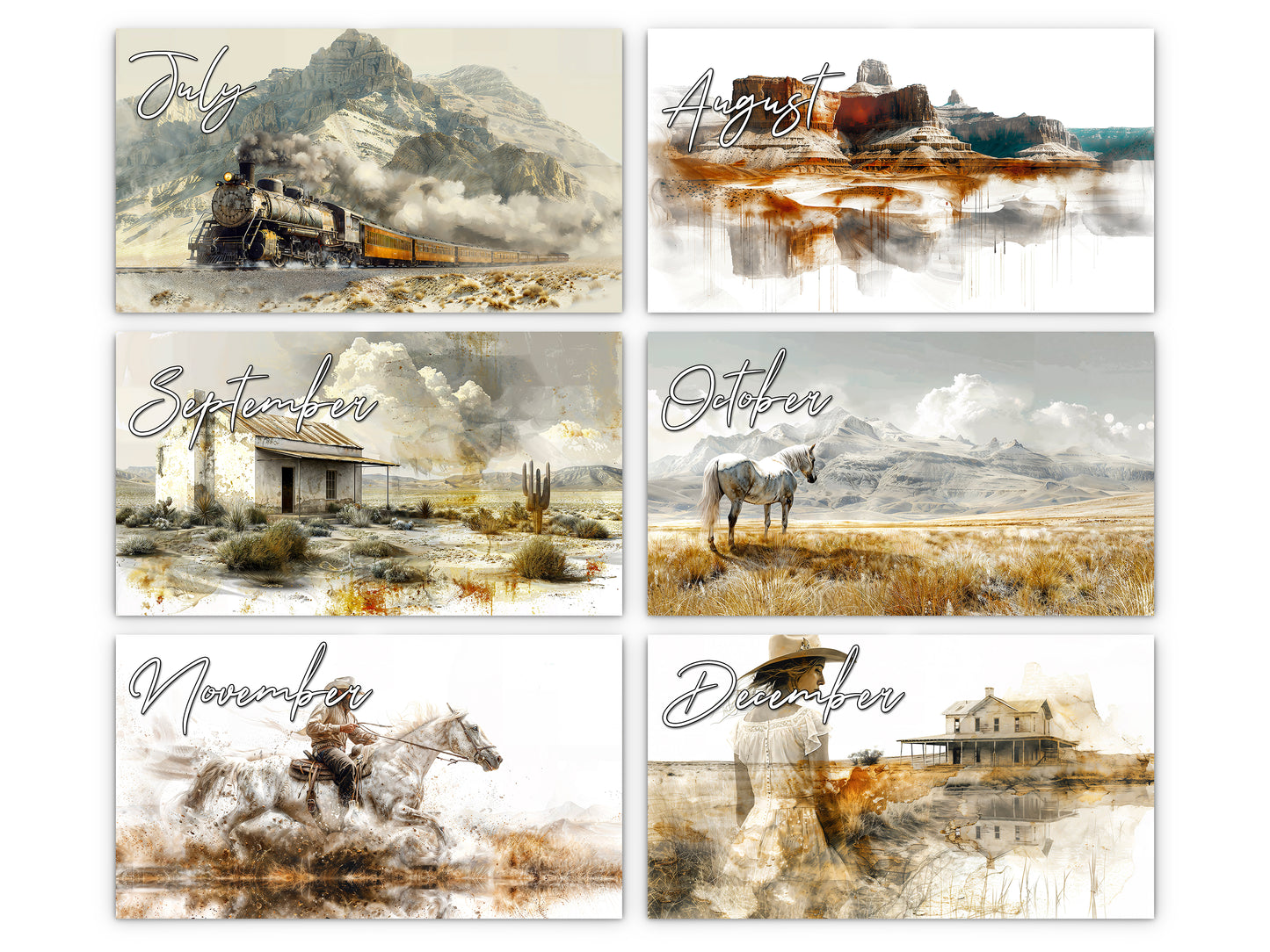 Wild Frontier 2027 wall calendar monthly artwork preview July through December