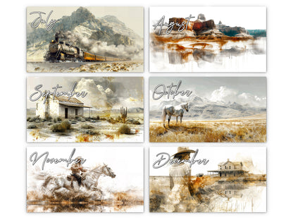 Wild Frontier 2027 wall calendar monthly artwork preview July through December