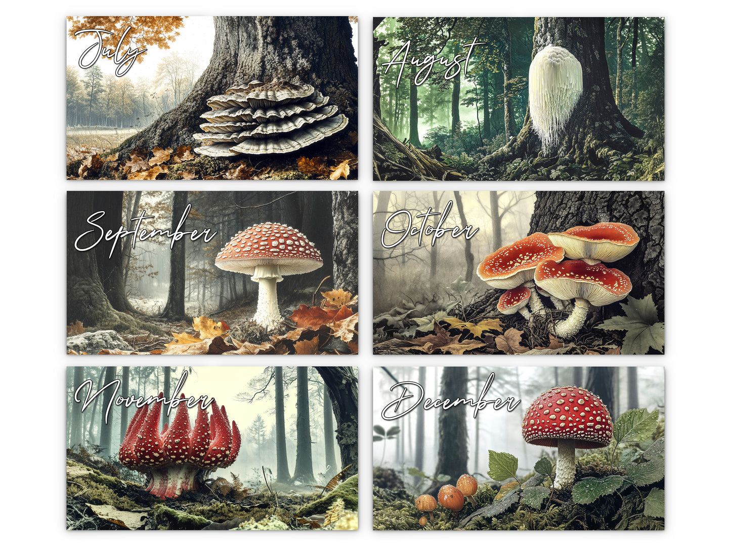 Wild Mushrooms 2027 wall calendar monthly artwork preview July through December