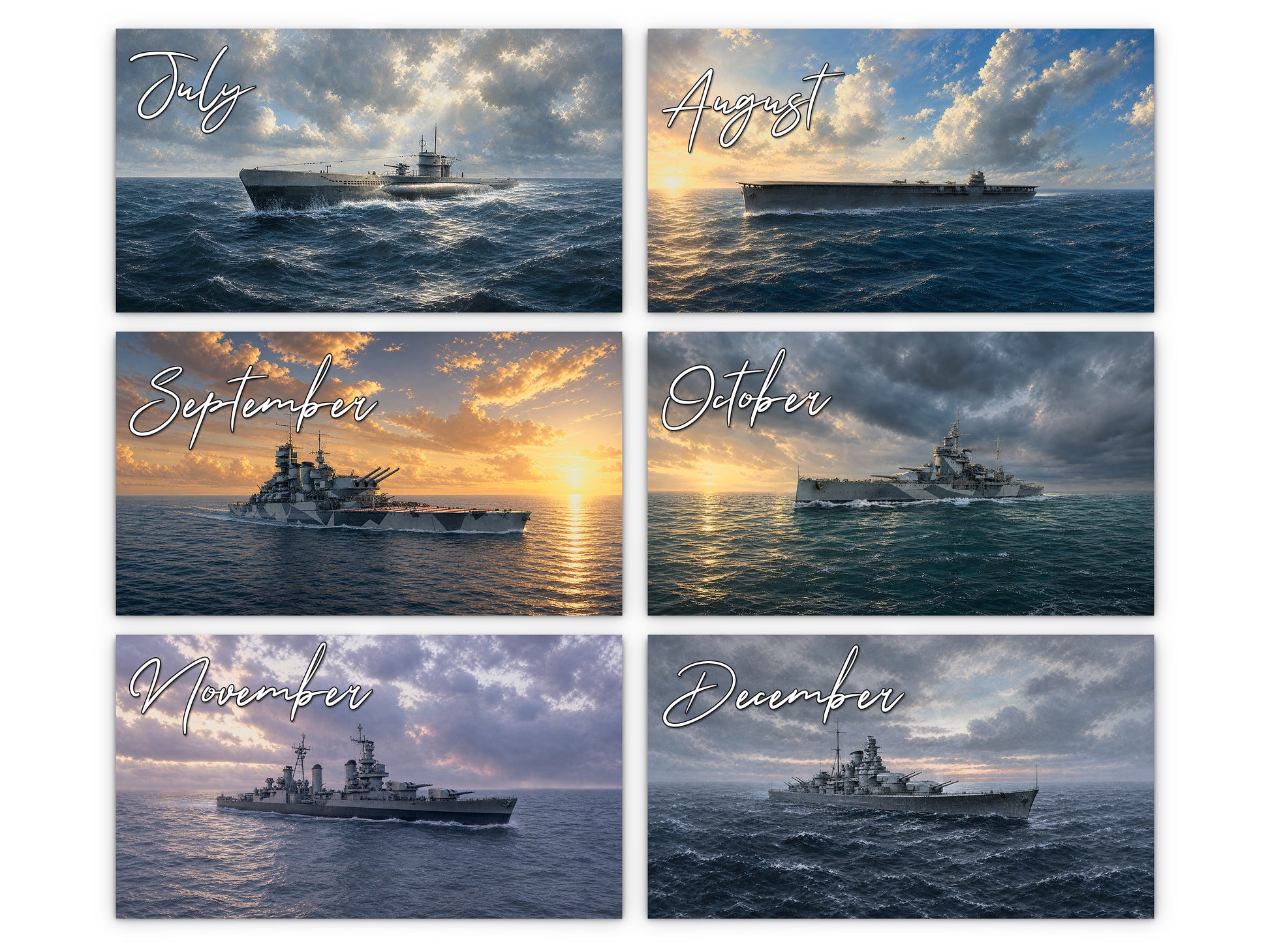 WWII Ships of Valor 2027 wall calendar monthly artwork preview July through December