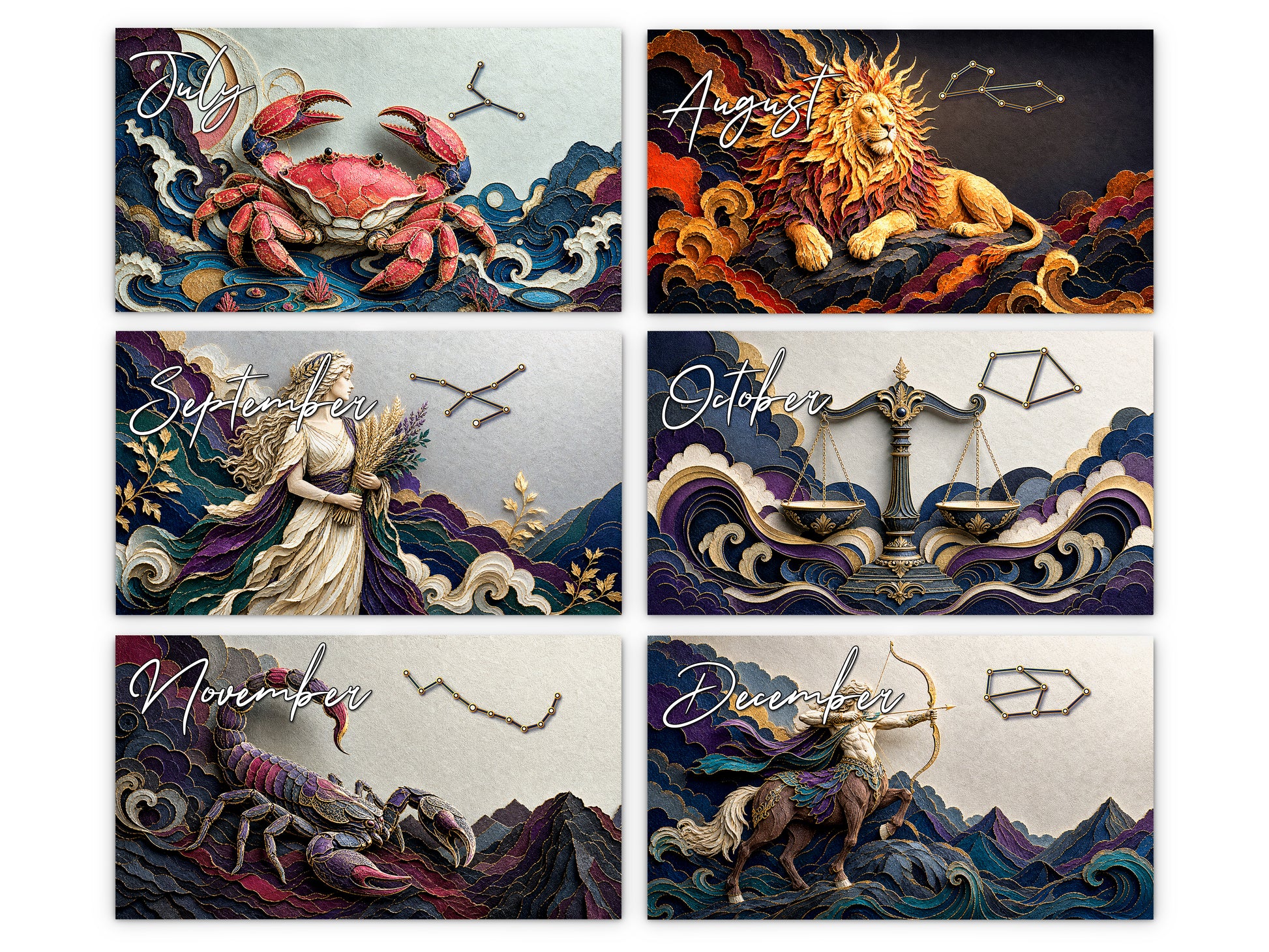 Zodiac Astrology 2027 wall calendar monthly artwork preview July through December