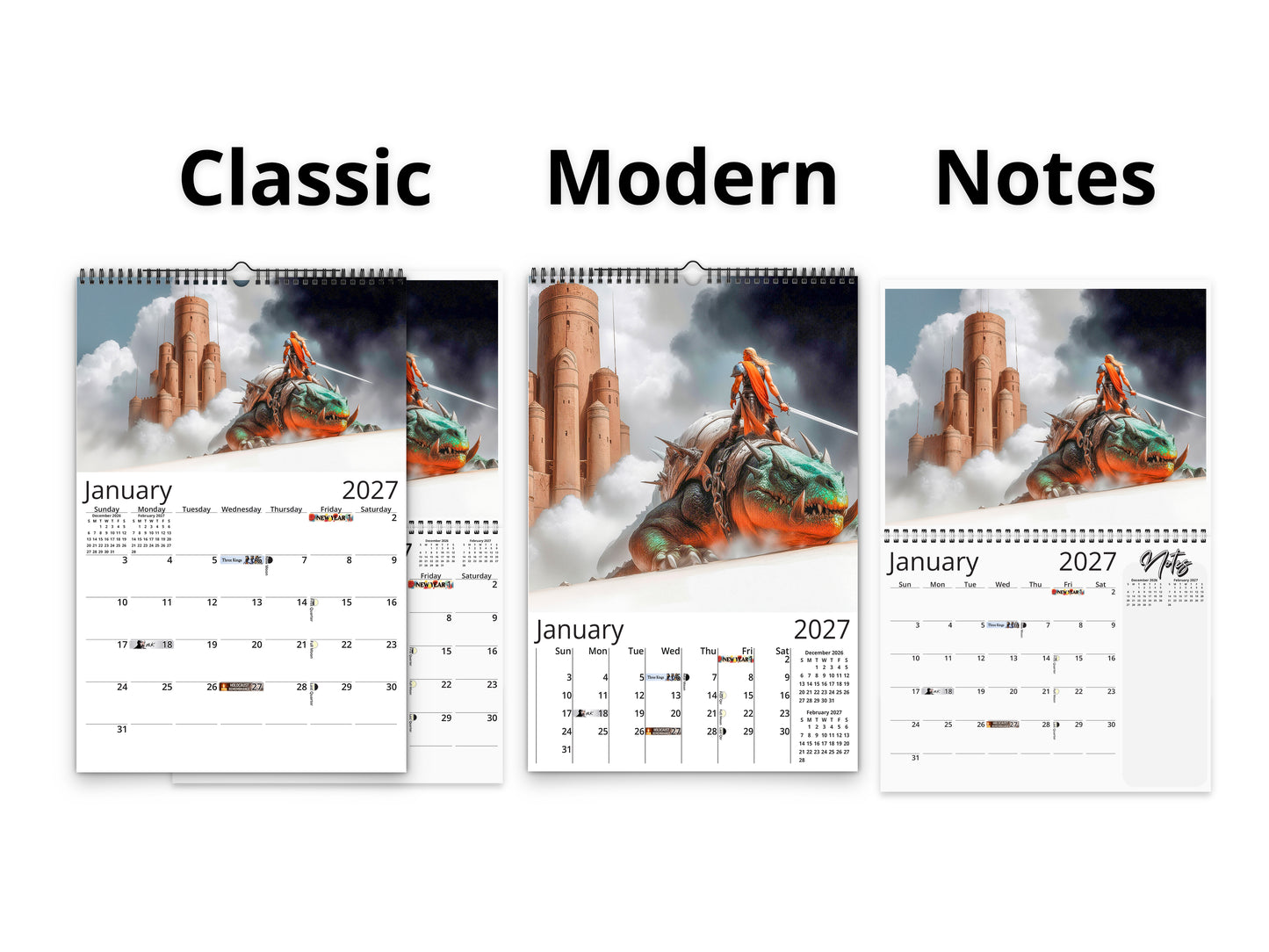 2027 Epic Fantasy Wall Calendar by Kaleidoscope Artisan – Legendary Realms with Holidays