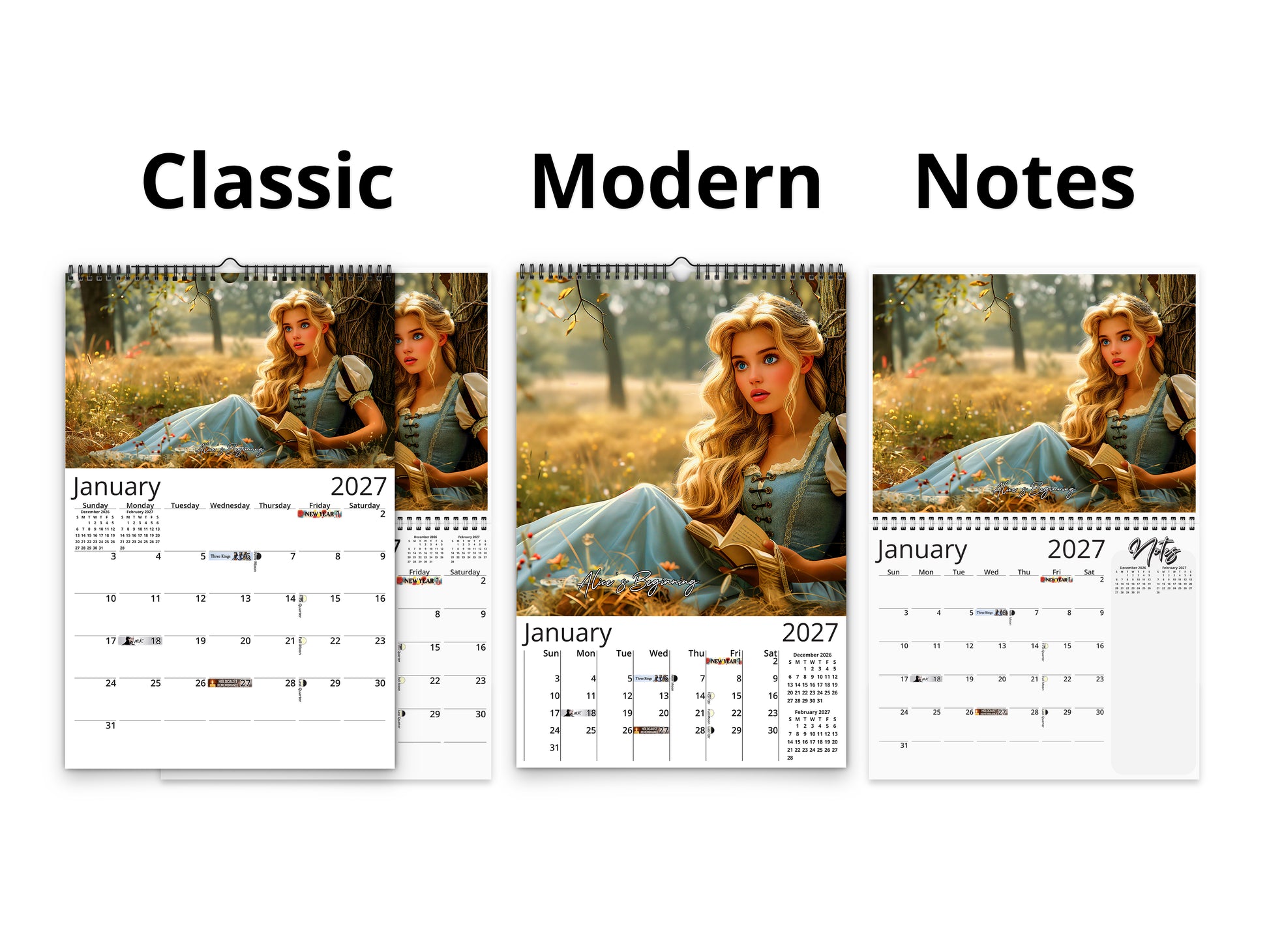 Alice in Wonderland 2027 wall calendar calendar layout comparison