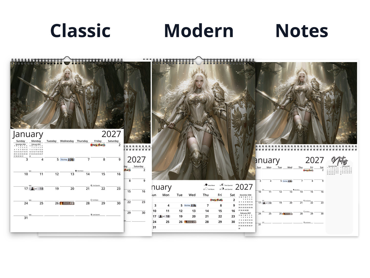 Anime Warrioress by Kaleidoscope Artisan - Mythic Guardians with Holidays 2027 wall calendar calendar layout comparison