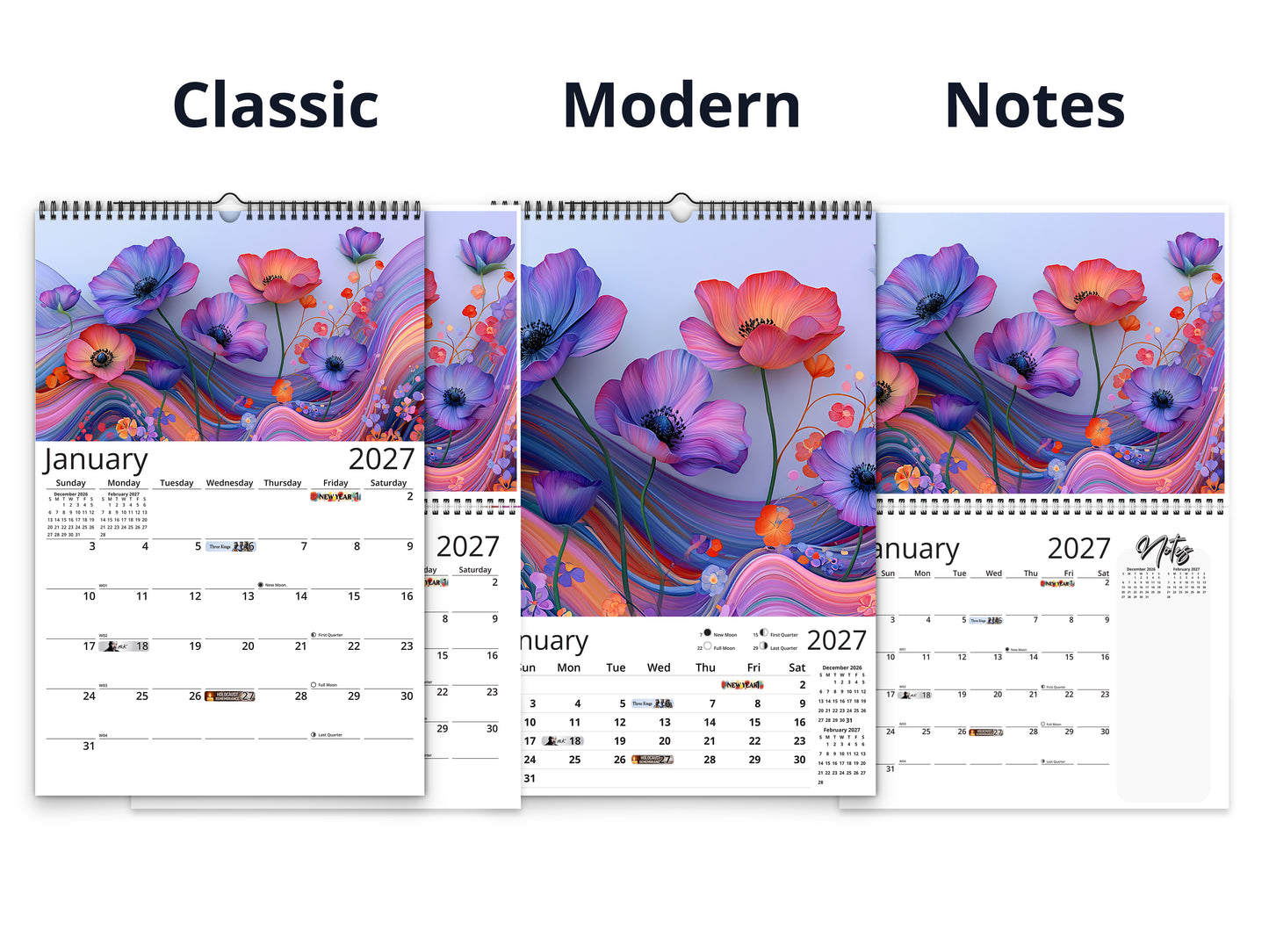 Artistic Flowers 2027 wall calendar calendar layout comparison