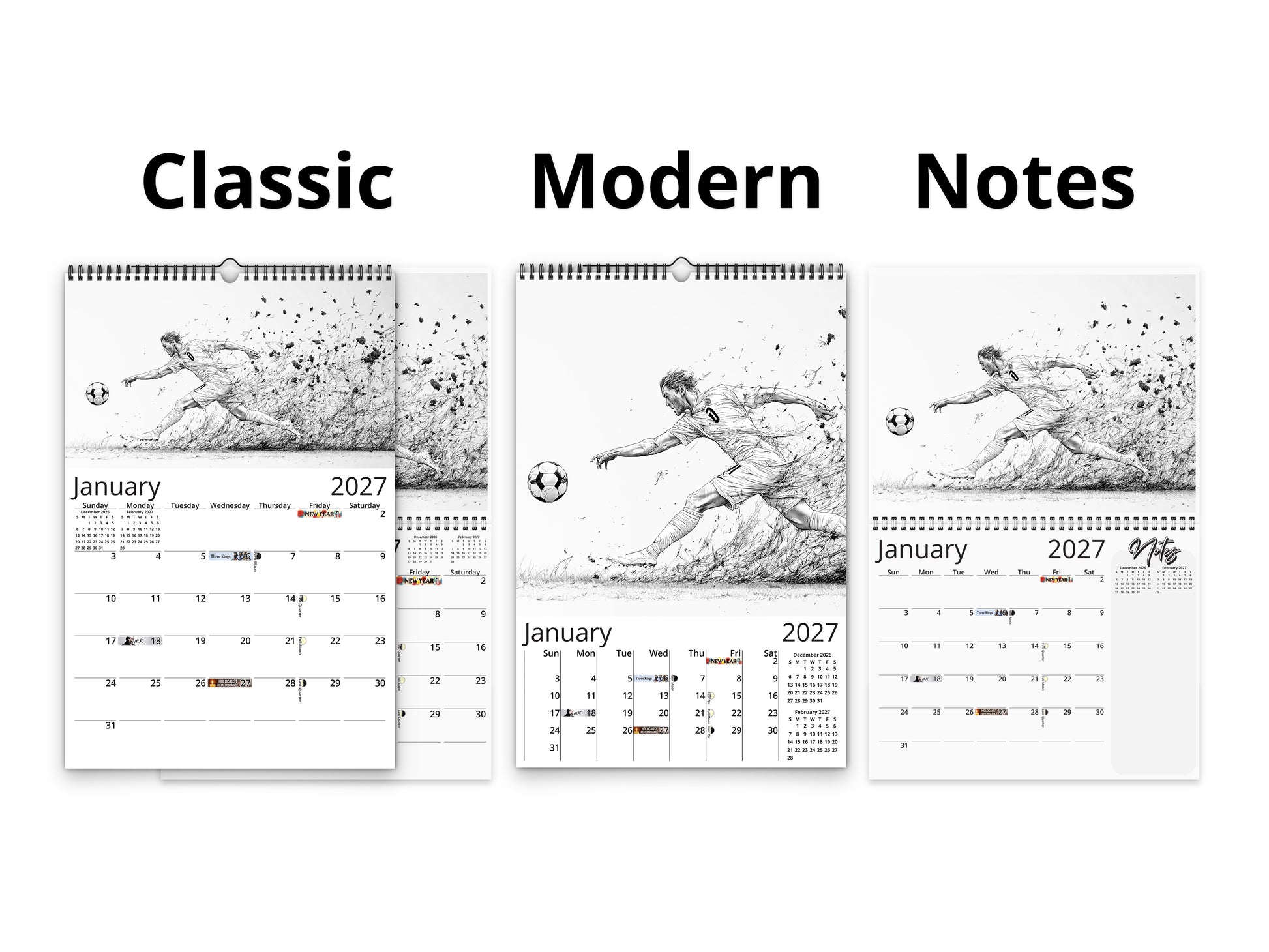 Artistic Soccer 2027 wall calendar calendar layout comparison