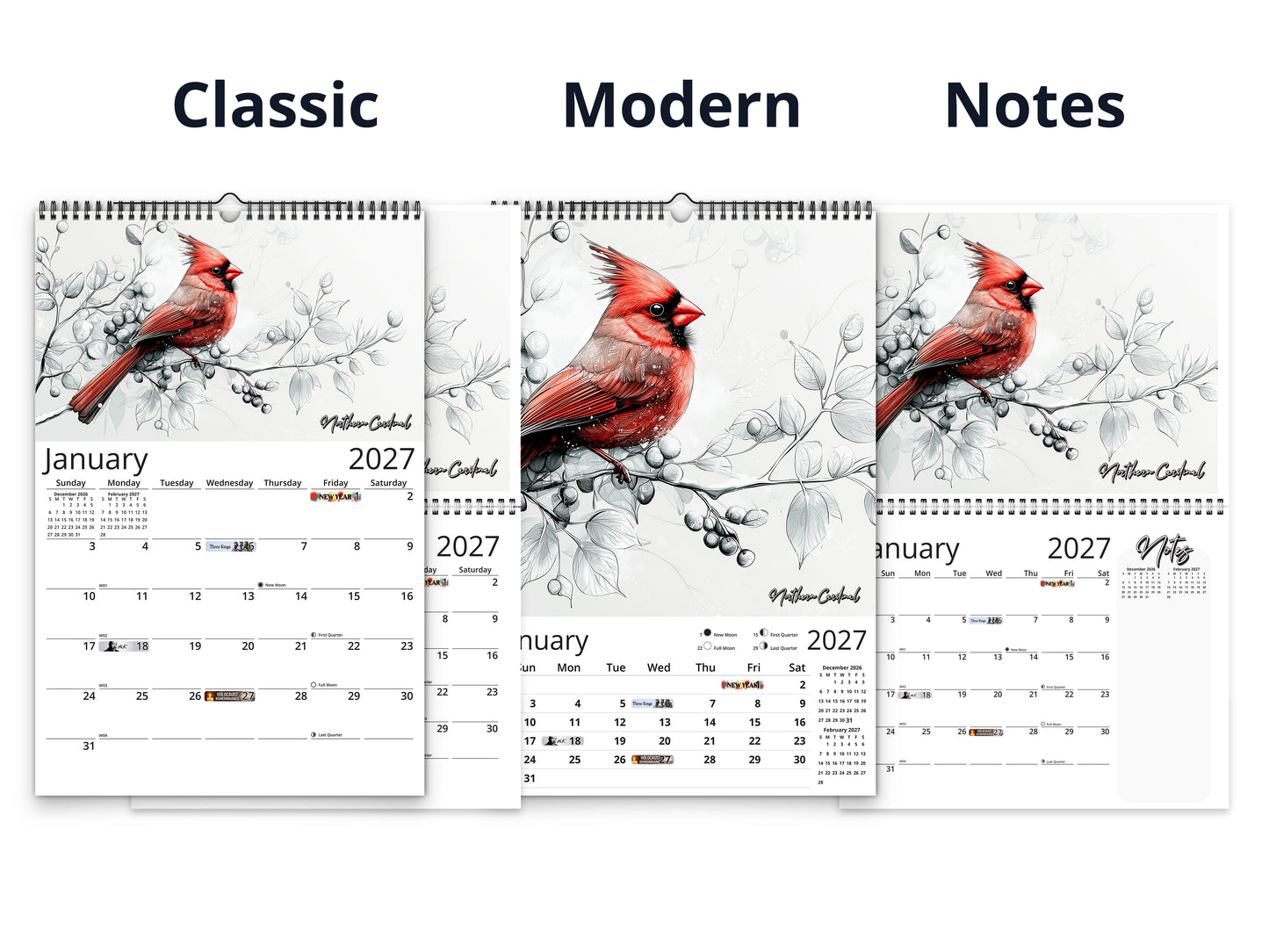 Avian Sketches 2027 wall calendar calendar layout comparison