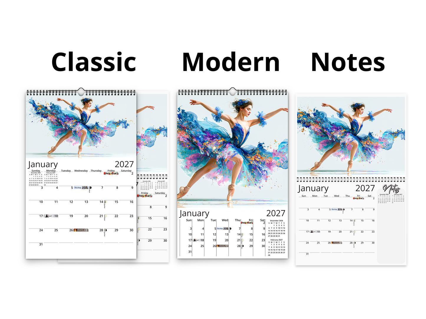 2027 Ballerina Wall Calendar by Kaleidoscope Artisan – Graceful Watercolor Motion with Holidays