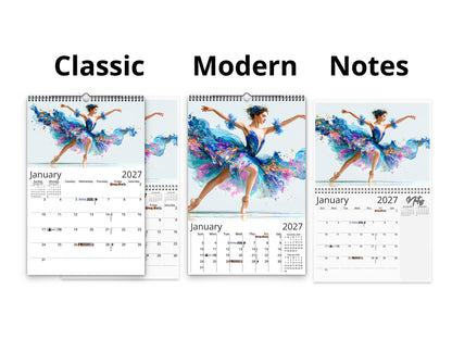 2027 Ballerina Wall Calendar by Kaleidoscope Artisan – Graceful Watercolor Motion with Holidays