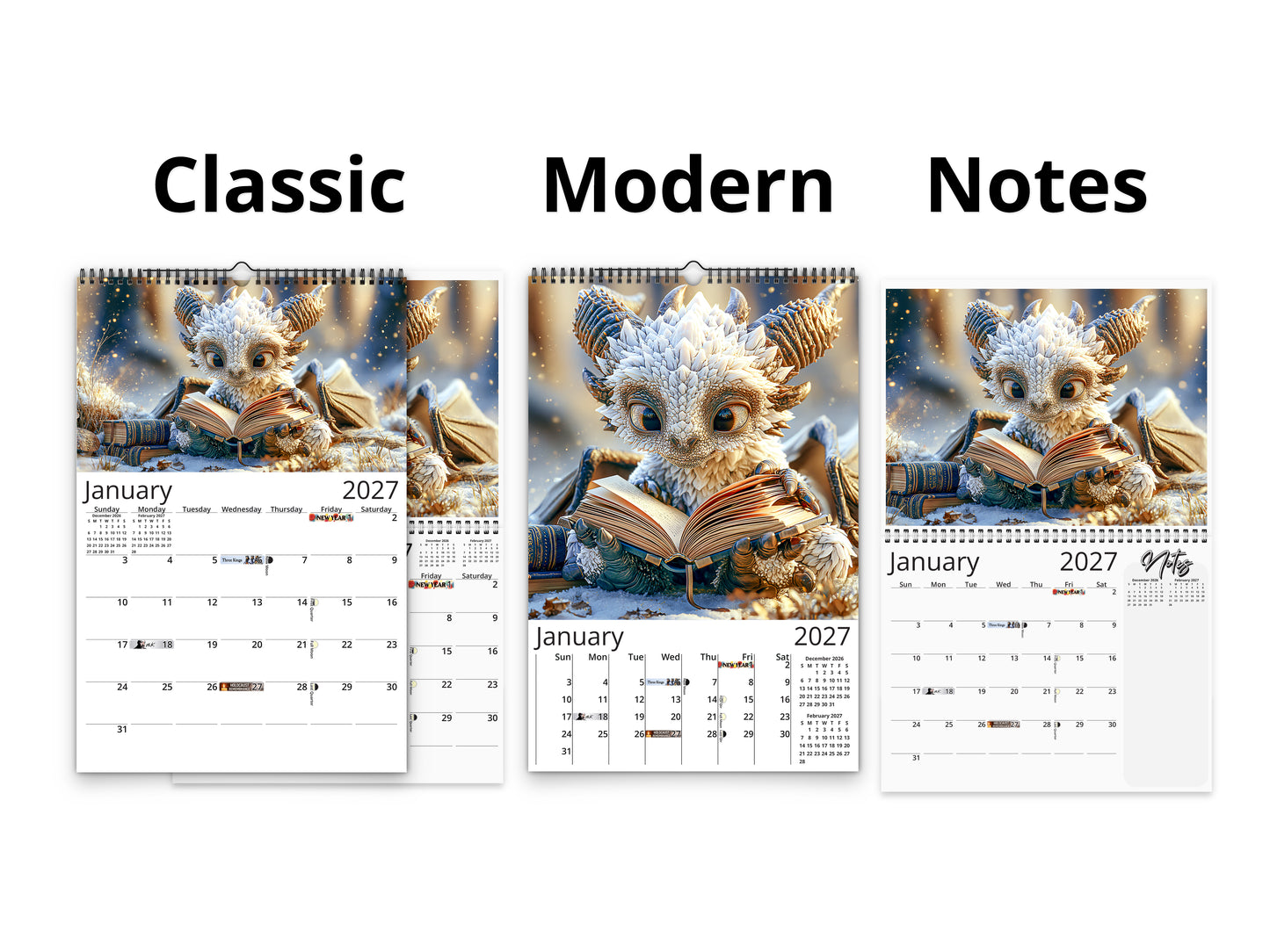 2027 Dragon Book Club Wall Calendar by Kaleidoscope Artisan – Magical Tales with Holidays