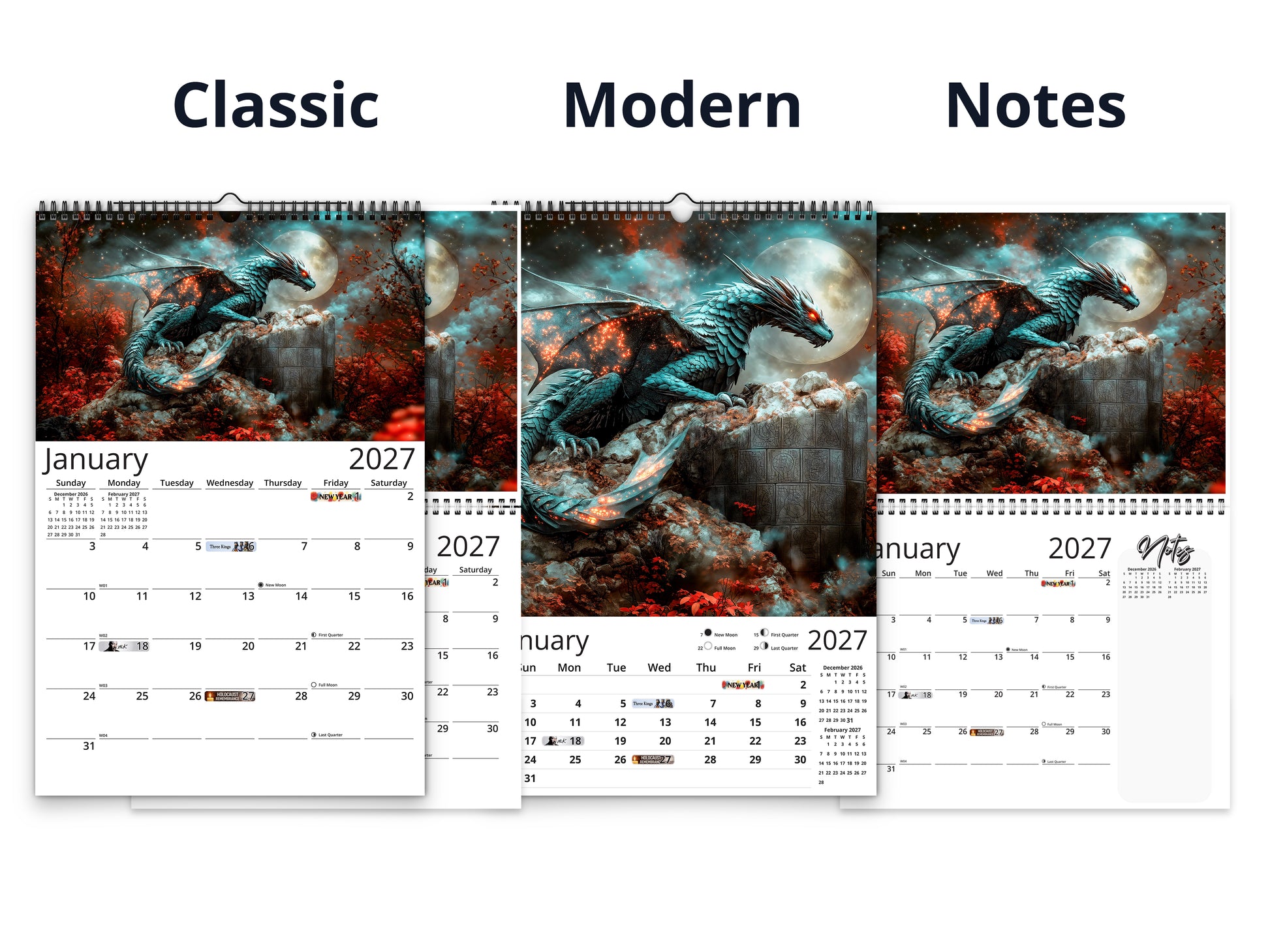 Dragon Dark 2027 wall calendar calendar layout comparison