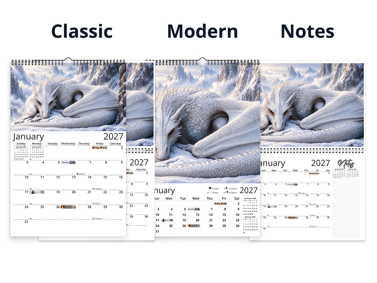 Fantasy Dragon calendars comparing Classic, Modern, and Notes page layouts.
