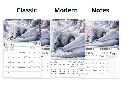 Fantasy Dragon calendars comparing Classic, Modern, and Notes page layouts.