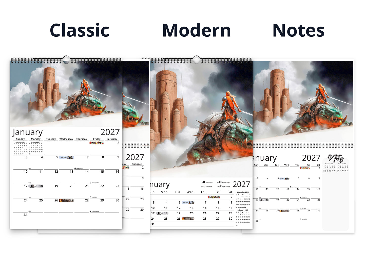 Epic Fantasy 2027 wall calendar calendar layout comparison