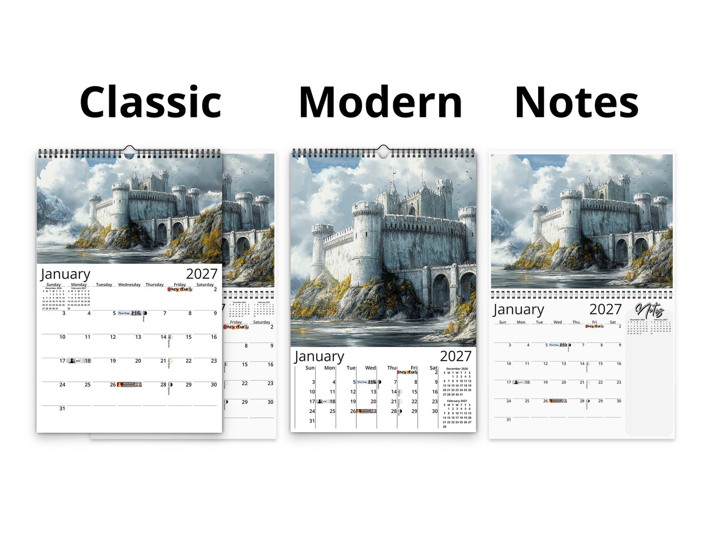 Fantasy Castle 2027 wall calendar calendar layout comparison