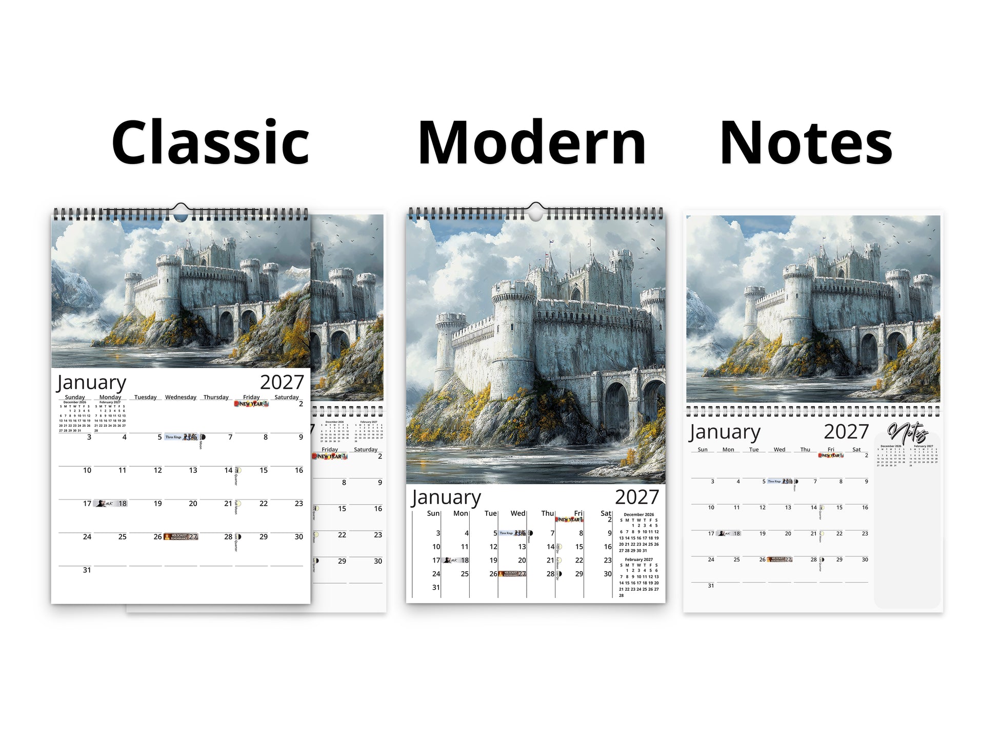 Fantasy Castle 2027 wall calendar calendar layout comparison