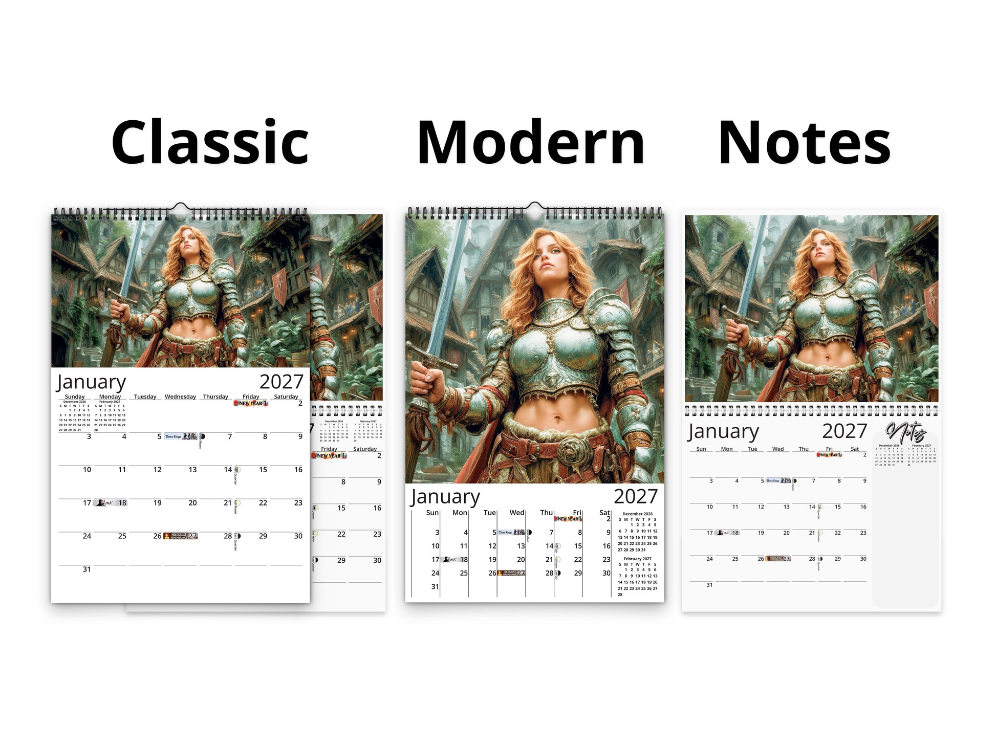 Fantasy Warrioress 2027 wall calendar calendar layout comparison