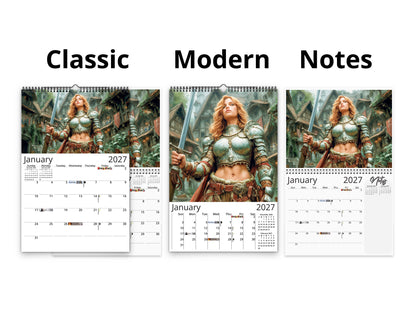 Fantasy Warrioress 2027 wall calendar calendar layout comparison