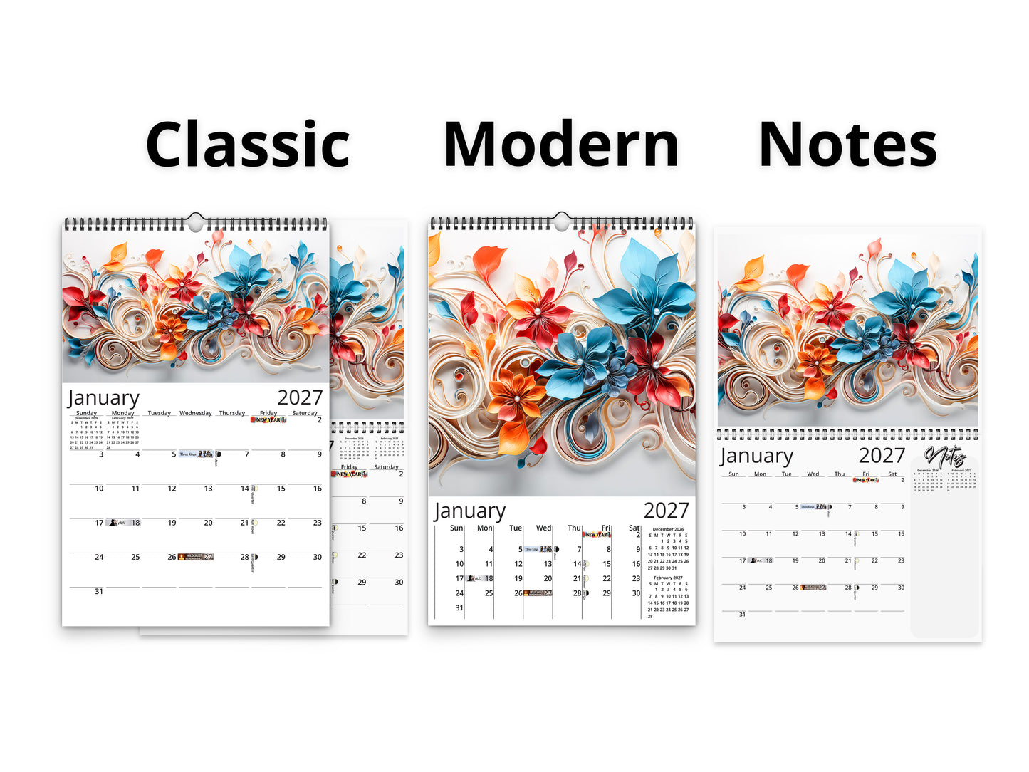 Calendario de pared Floral Grace 2026 de Kaleidoscope Artisan: Floración elegante con festividades