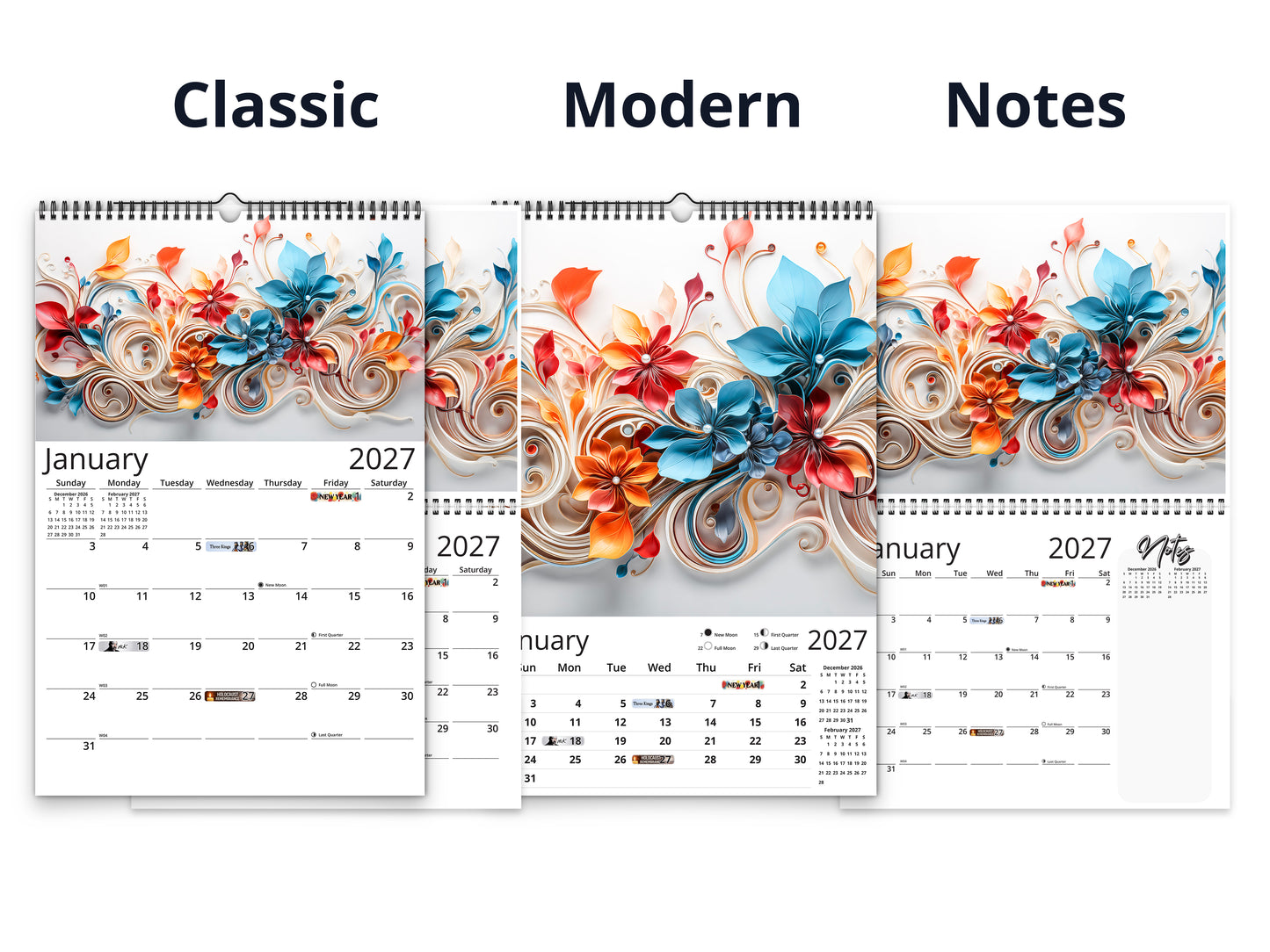Floral Grace 2027 wall calendar calendar layout comparison