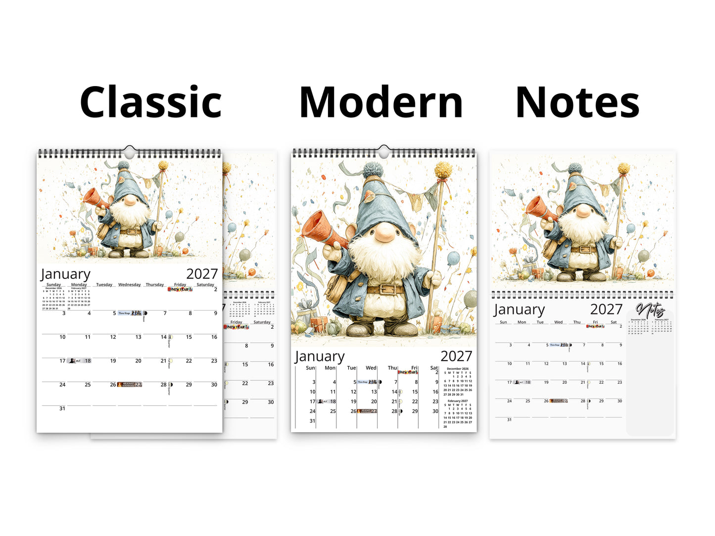 Three calendar designs labeled 'Classic', 'Modern', and 'Notes' featuring gnomes on a white background.