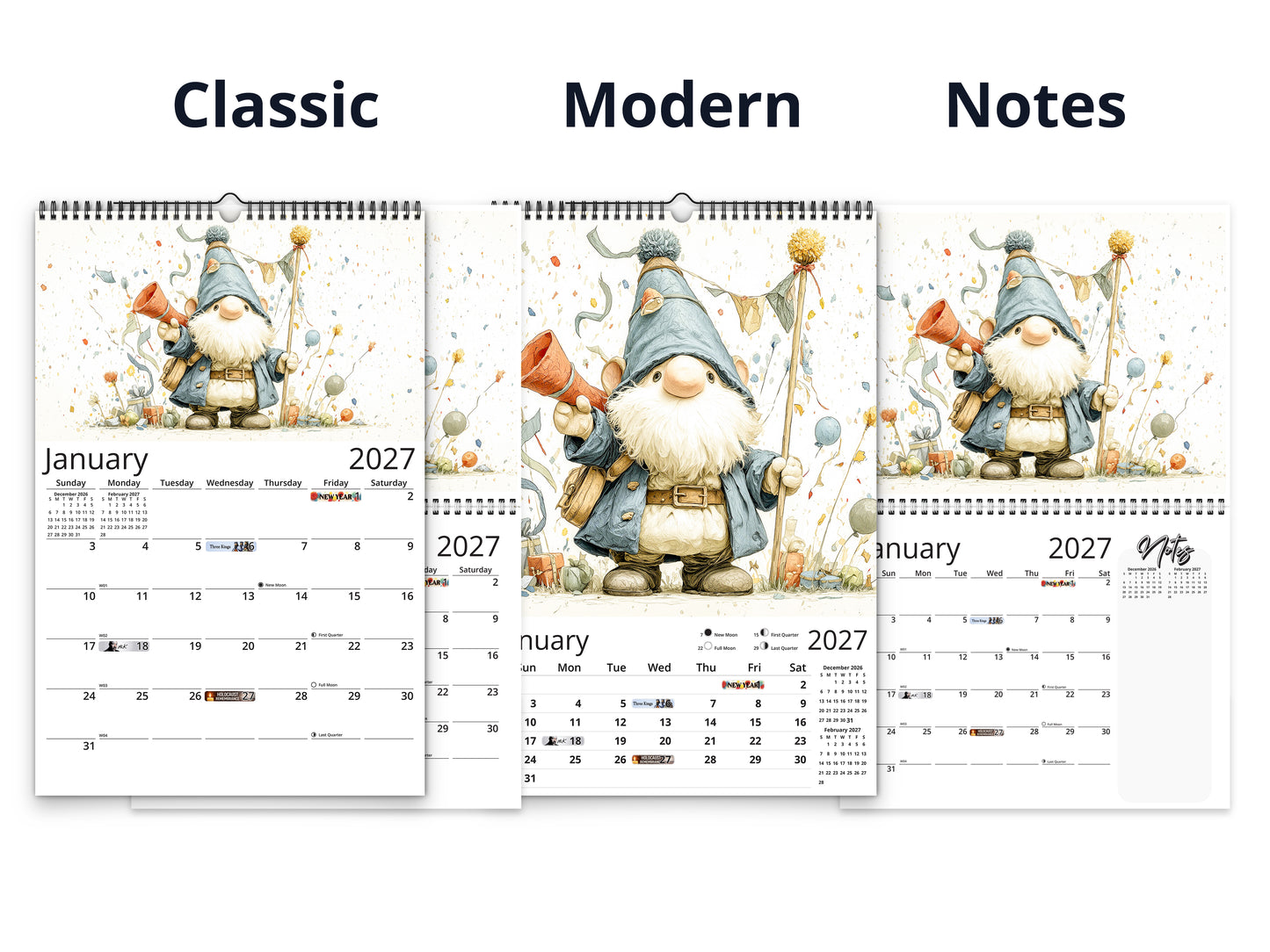Gnome Holidays 2027 wall calendar calendar layout comparison