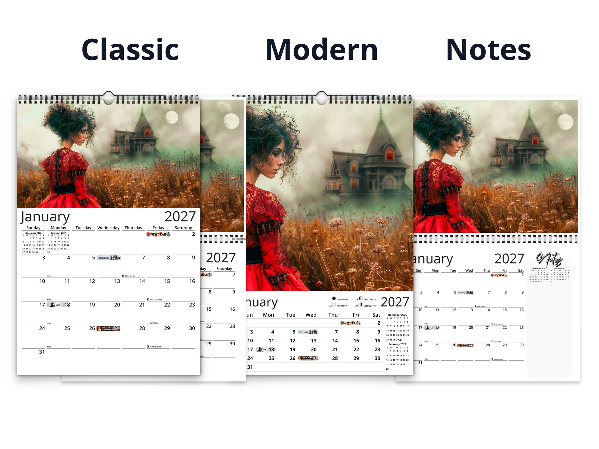 Gothic Dream 2027 wall calendar calendar layout comparison