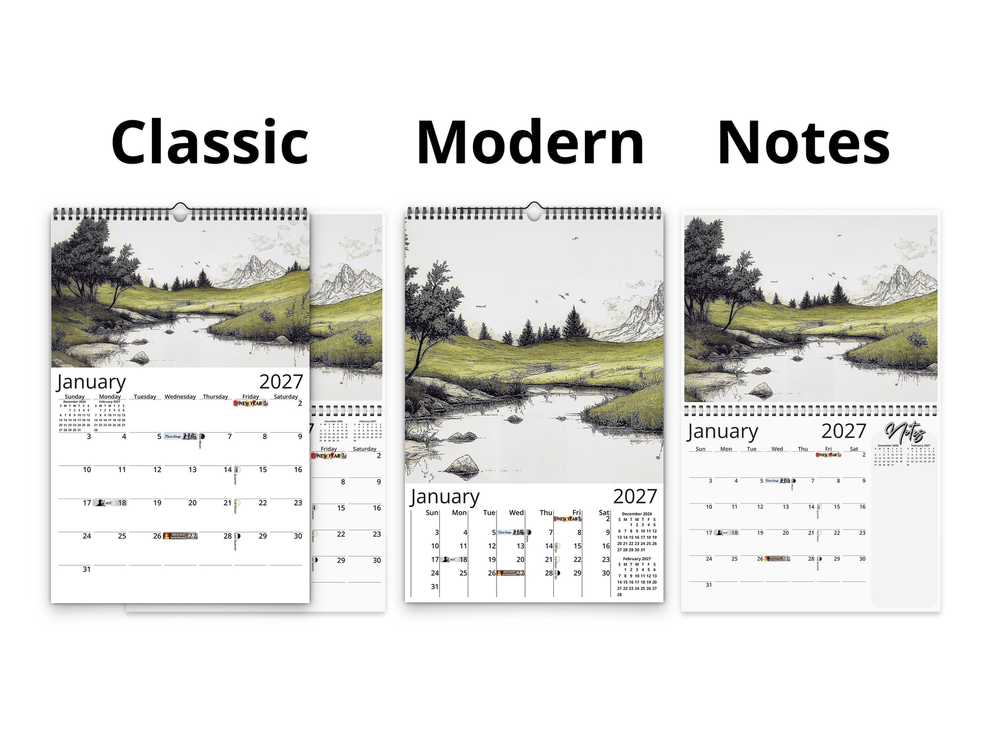 Illustrated Moments 2027 wall calendar calendar layout comparison