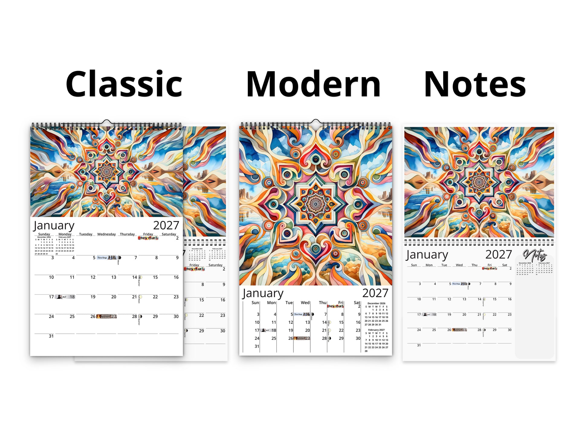 Kaleidoscopic Art 2027 wall calendar calendar layout comparison