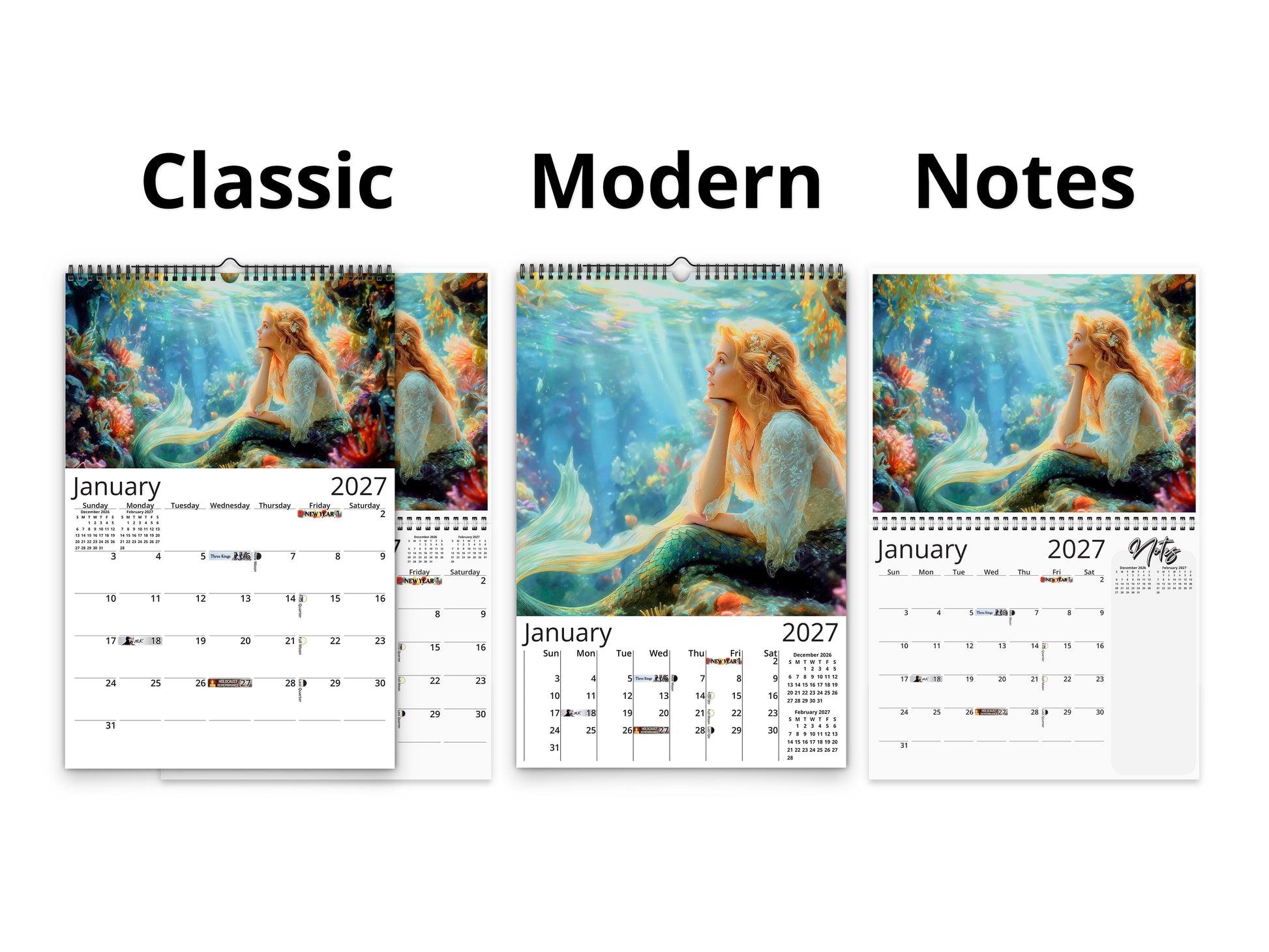 Mermaid 2027 wall calendar calendar layout comparison
