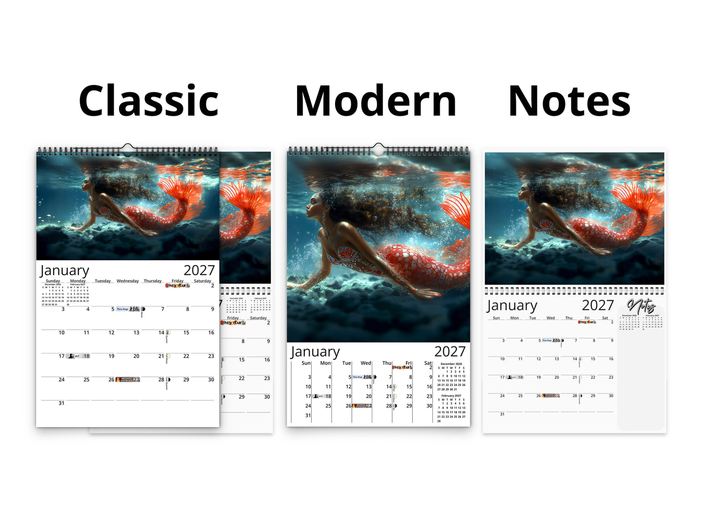 2027 Mermaid Dream Wall Calendar by Kaleidoscope Artisan – Enchanting Underwater Realms with Holidays