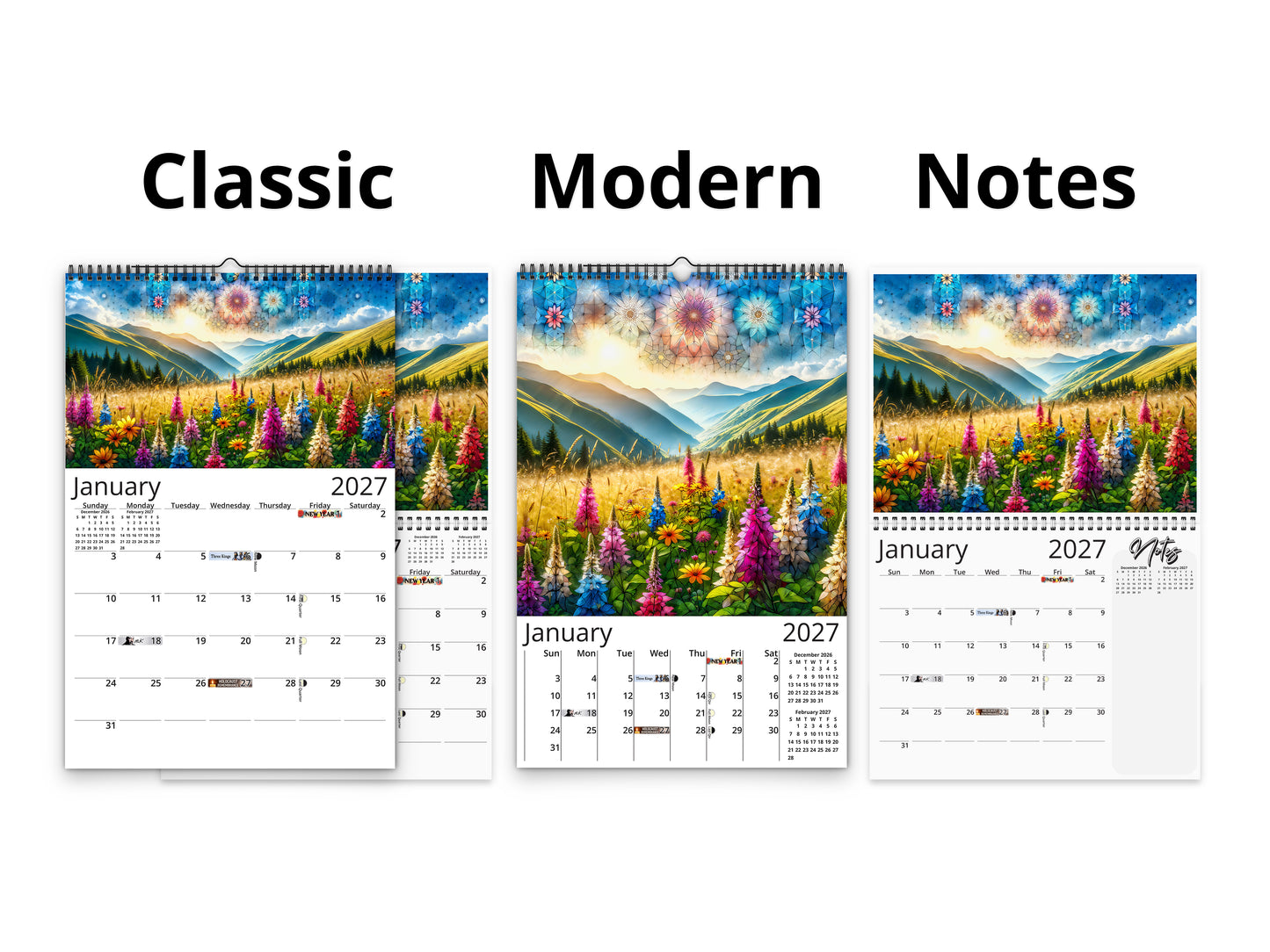Mountain Wildflowers 2027 wall calendar calendar layout comparison