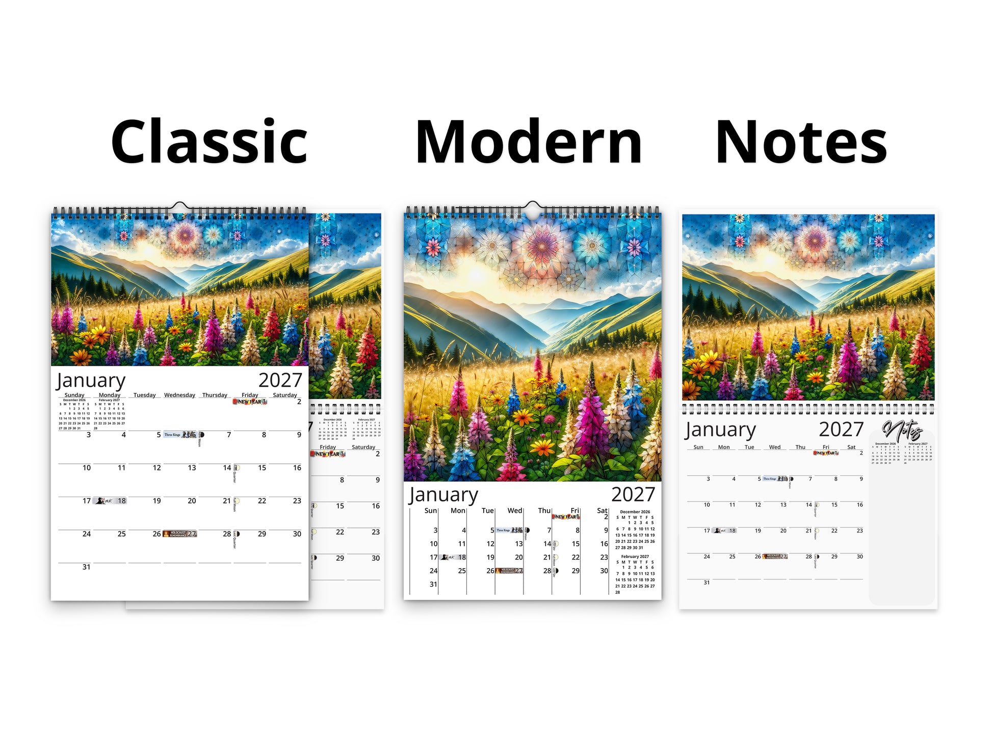 Mountain Wildflowers 2027 wall calendar calendar layout comparison
