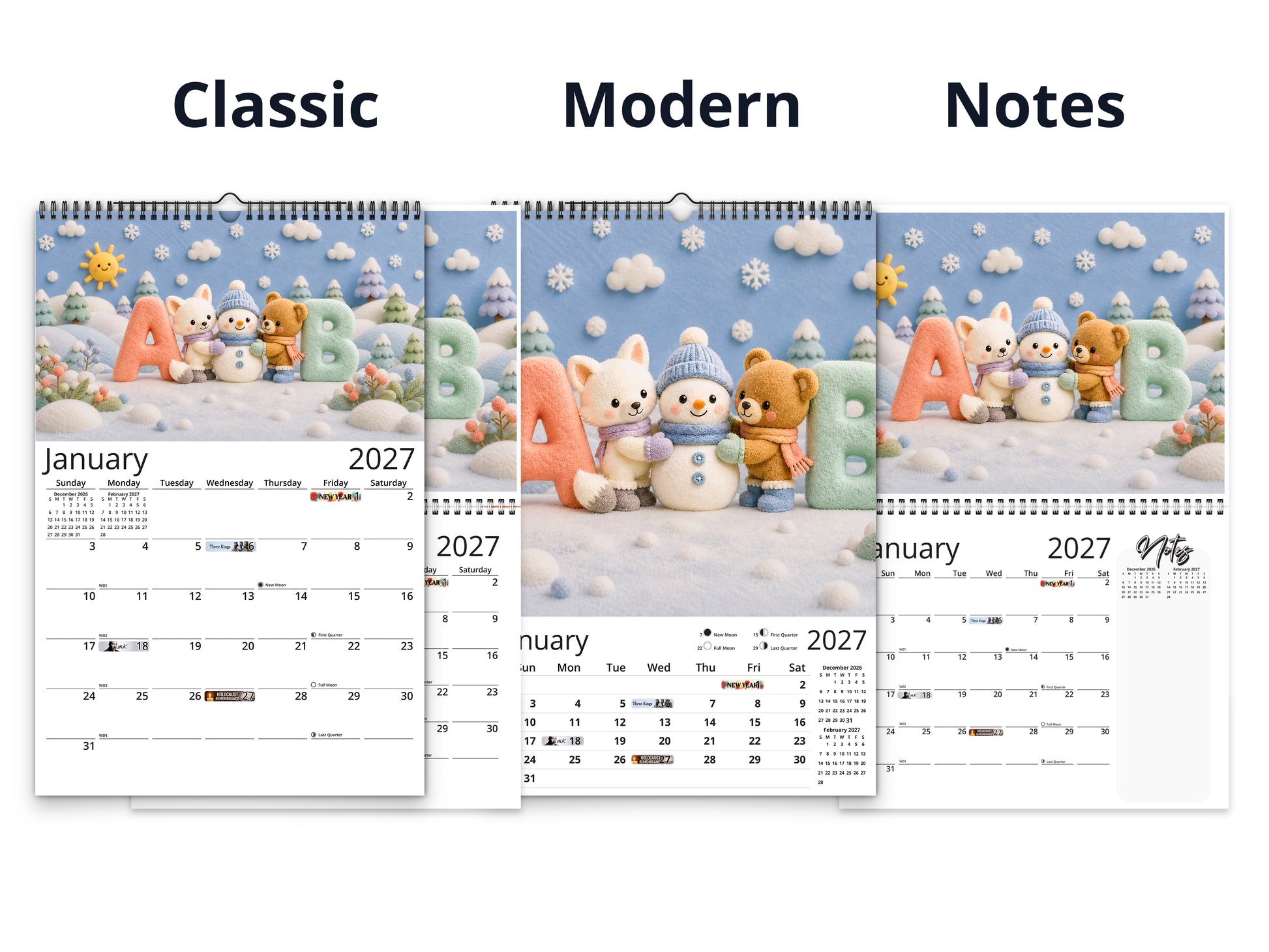 My ABC Adventure by Kaleidoscope Artisan - Playful Learning with Holidays 2027 wall calendar calendar layout comparison