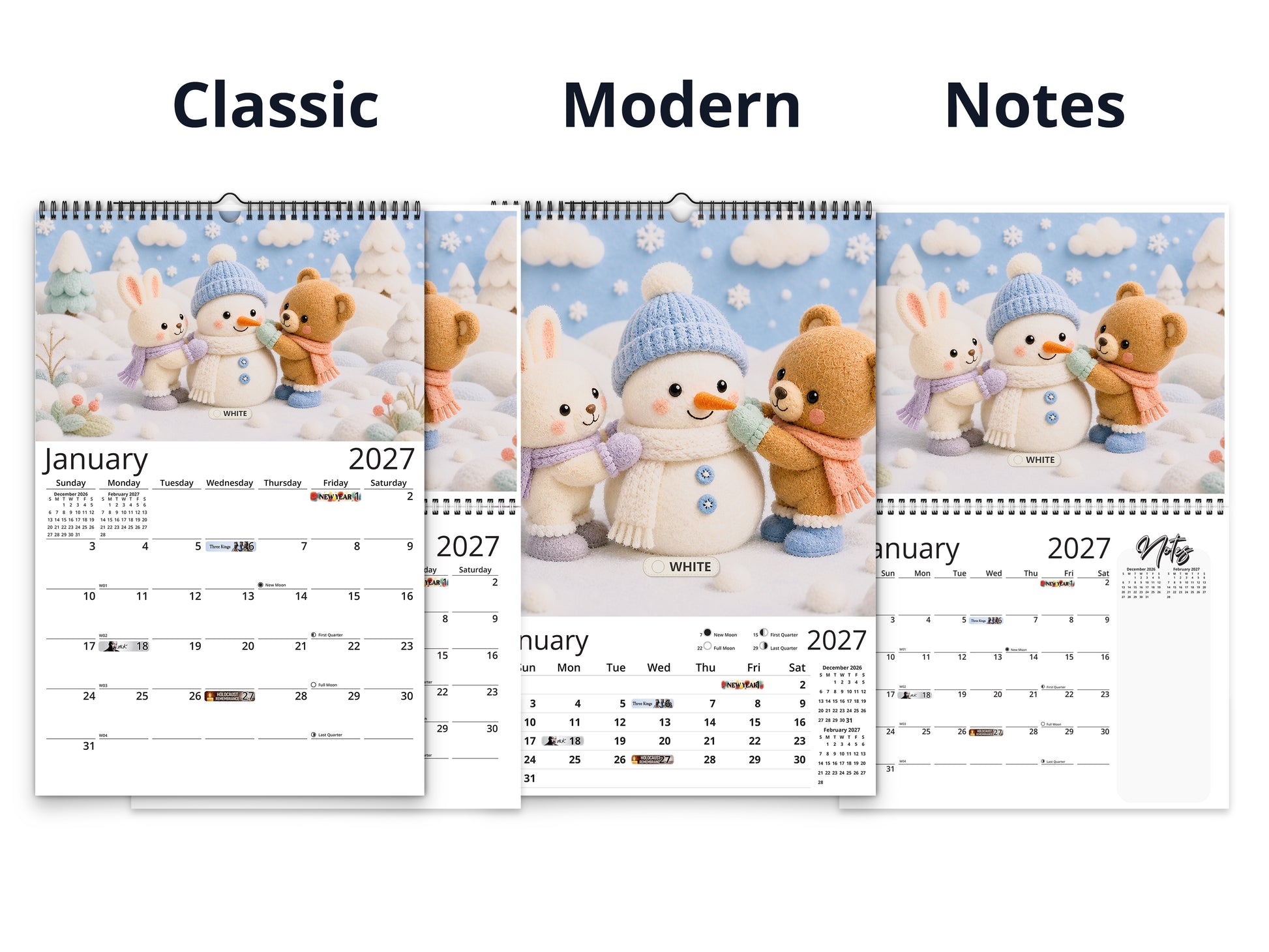 My Colors Adventure by Kaleidoscope Artisan - Whimsical Felt Friends with Holidays 2027 wall calendar calendar layout comparison