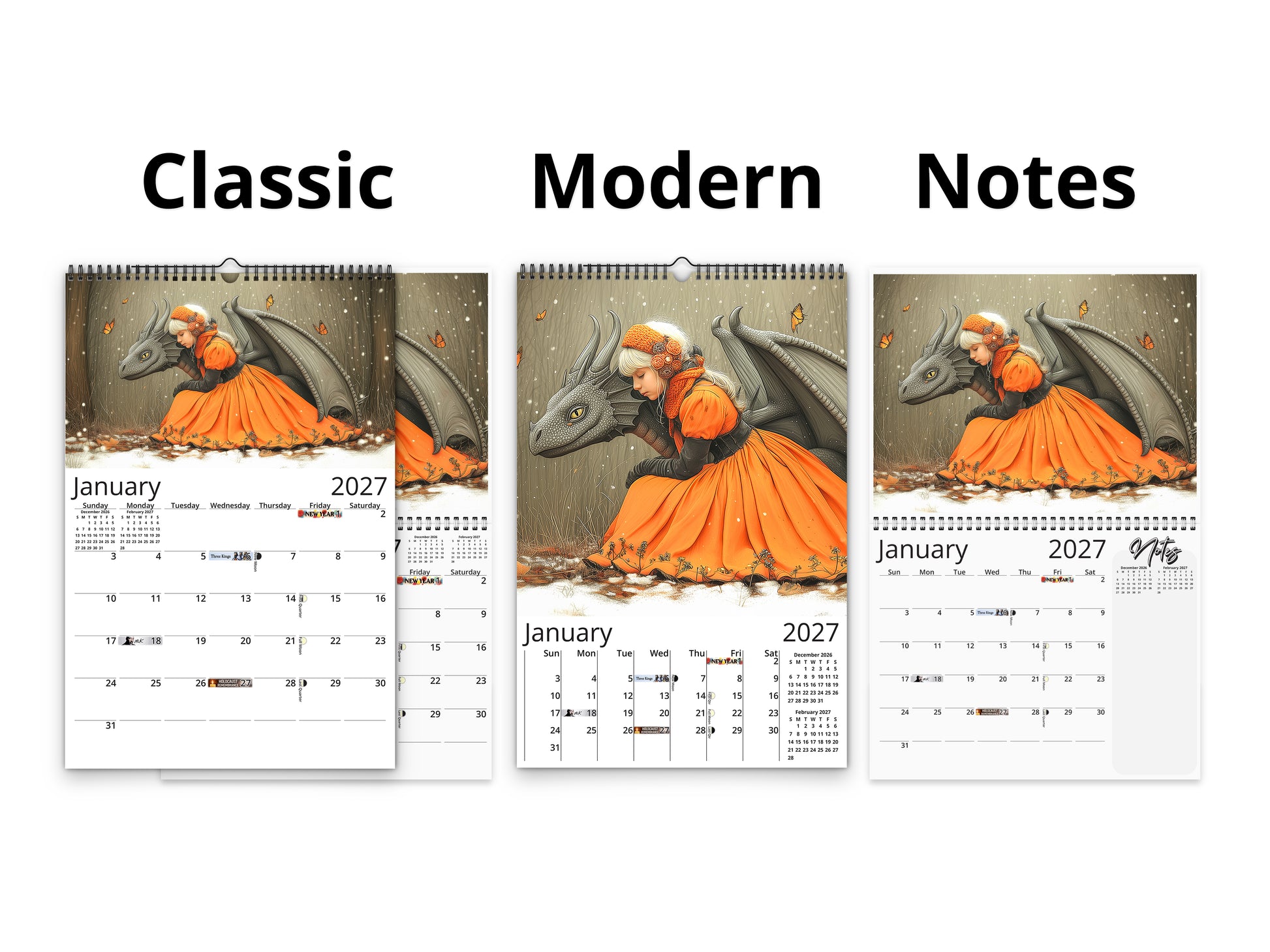 My Little Dragon Fantasy 2027 wall calendar calendar layout comparison