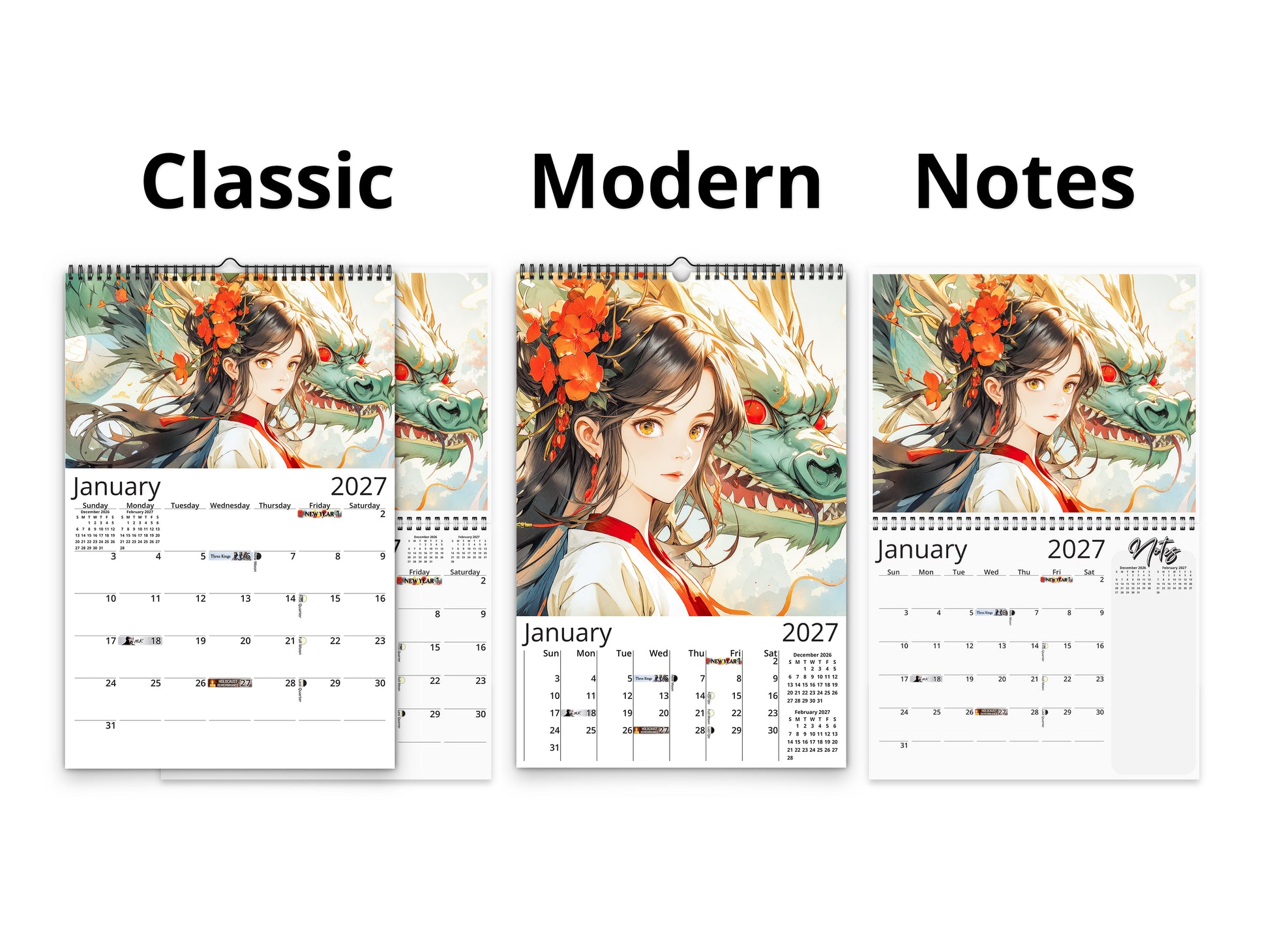 Mystic Skies 2027 wall calendar calendar layout comparison