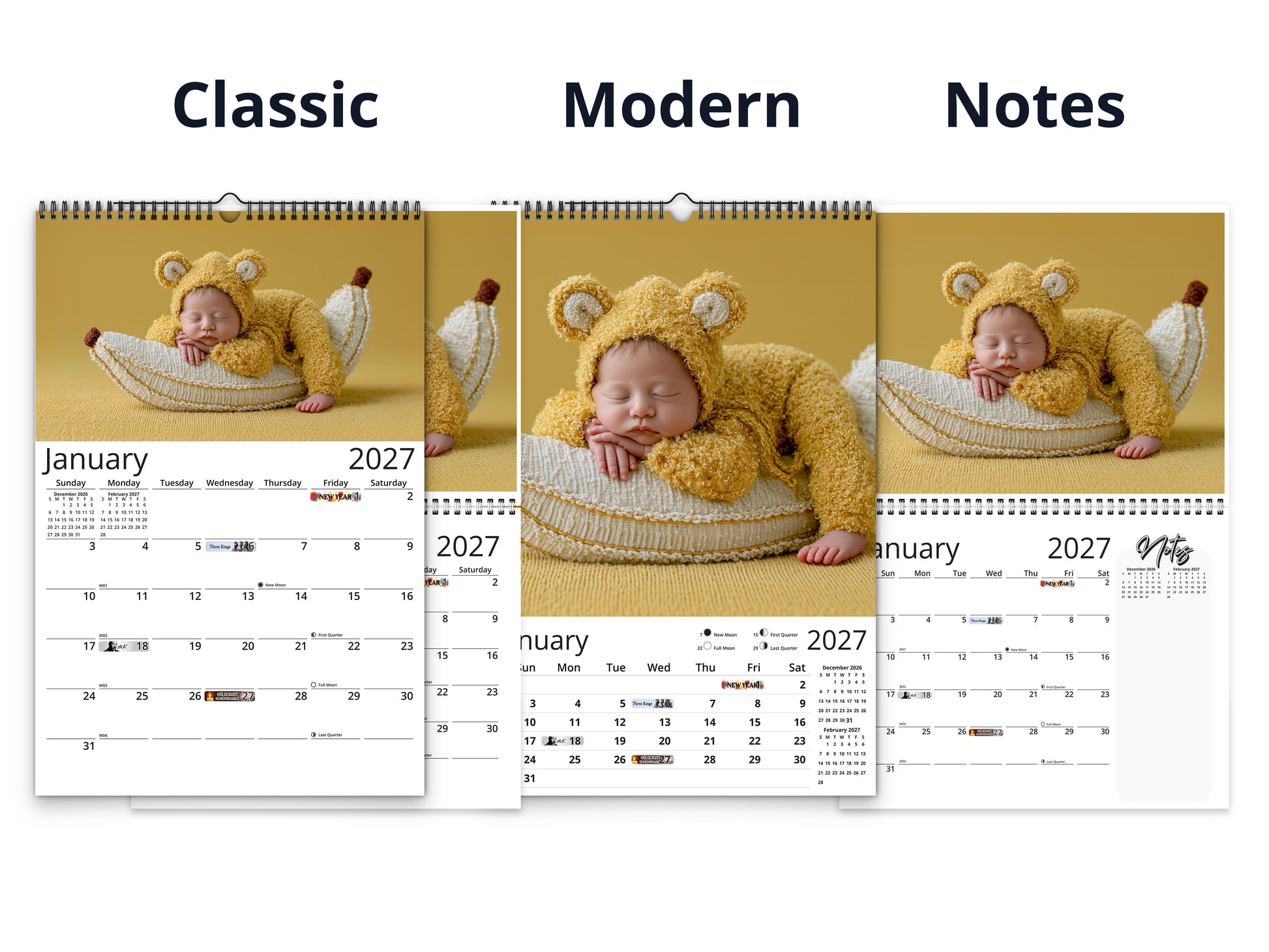 Newborn Baby 2027 wall calendar calendar layout comparison