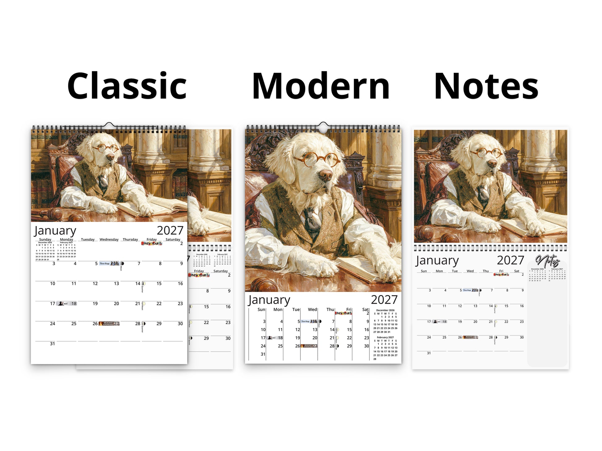 Paws of Justice 2027 wall calendar calendar layout comparison