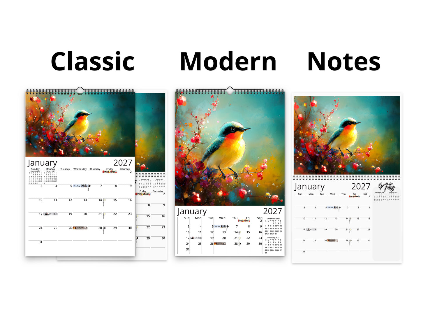 2027 Radiant Birds Kaleidoscope Wall Calendar by Kaleidoscope Artisan – Avian Beauty with Holidays