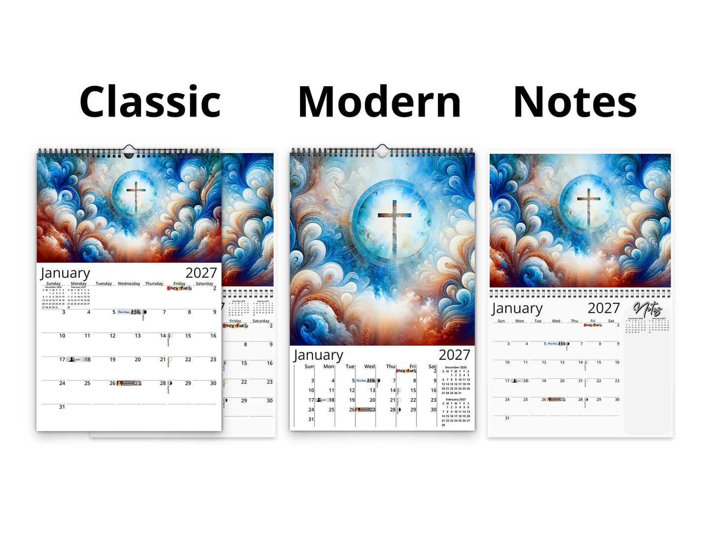 Radiant Cross 2027 wall calendar calendar layout comparison