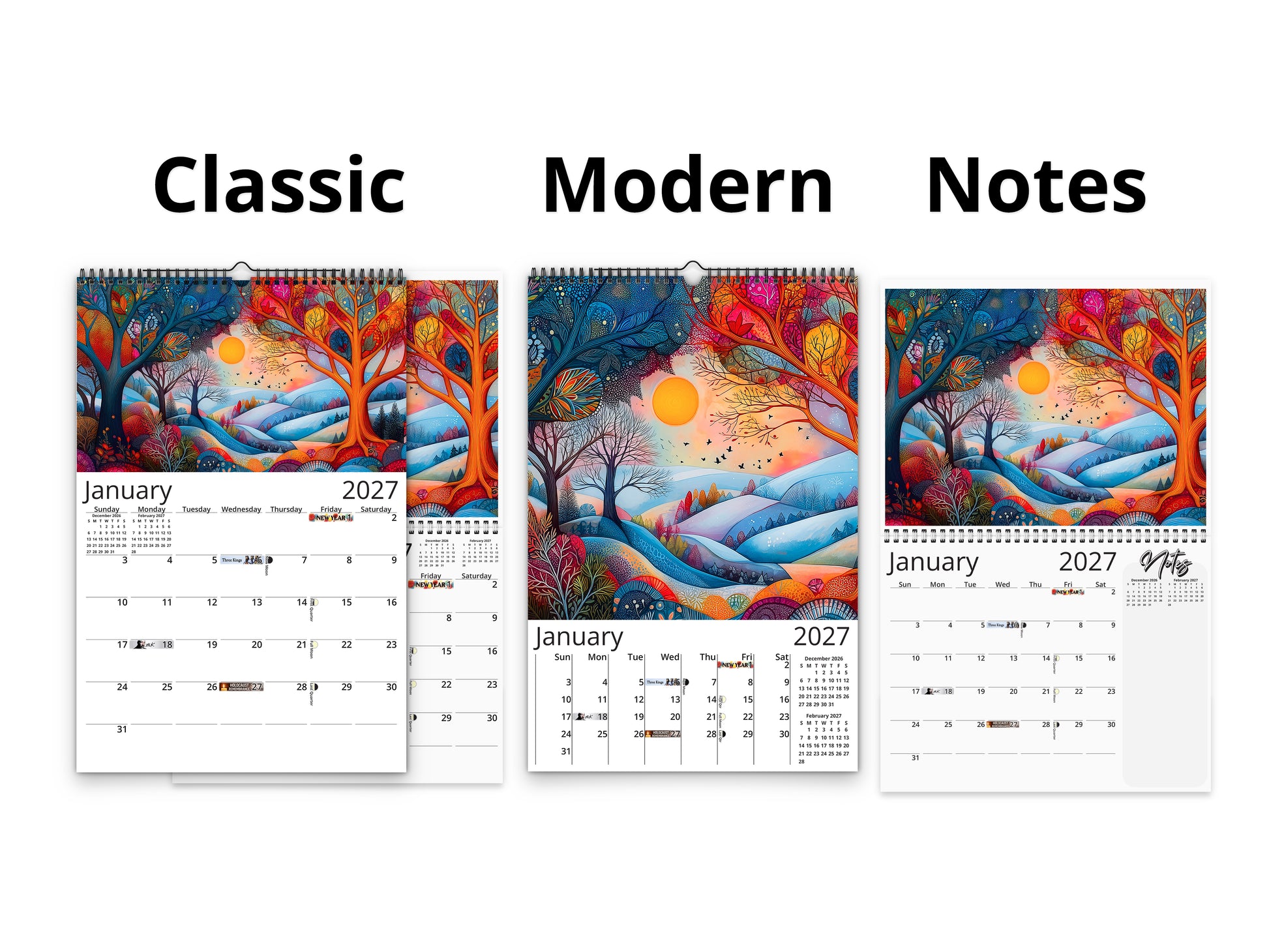 Three calendar designs labeled 'Classic', 'Modern', and 'Notes' with a colorful landscape illustration.