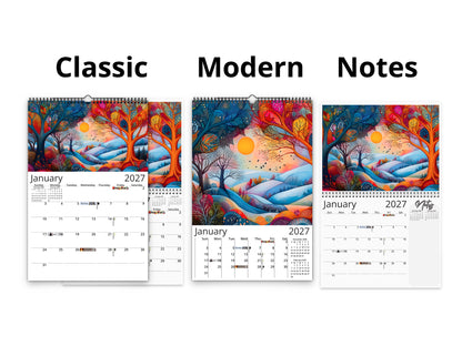 Three calendar designs labeled 'Classic', 'Modern', and 'Notes' with a colorful landscape illustration.
