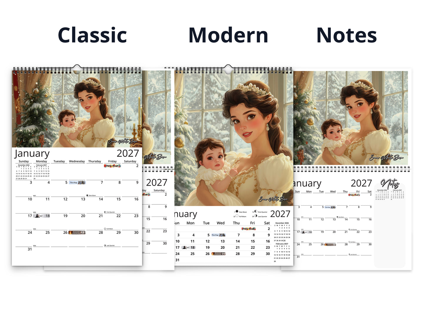 Snow White 2027 wall calendar calendar layout comparison