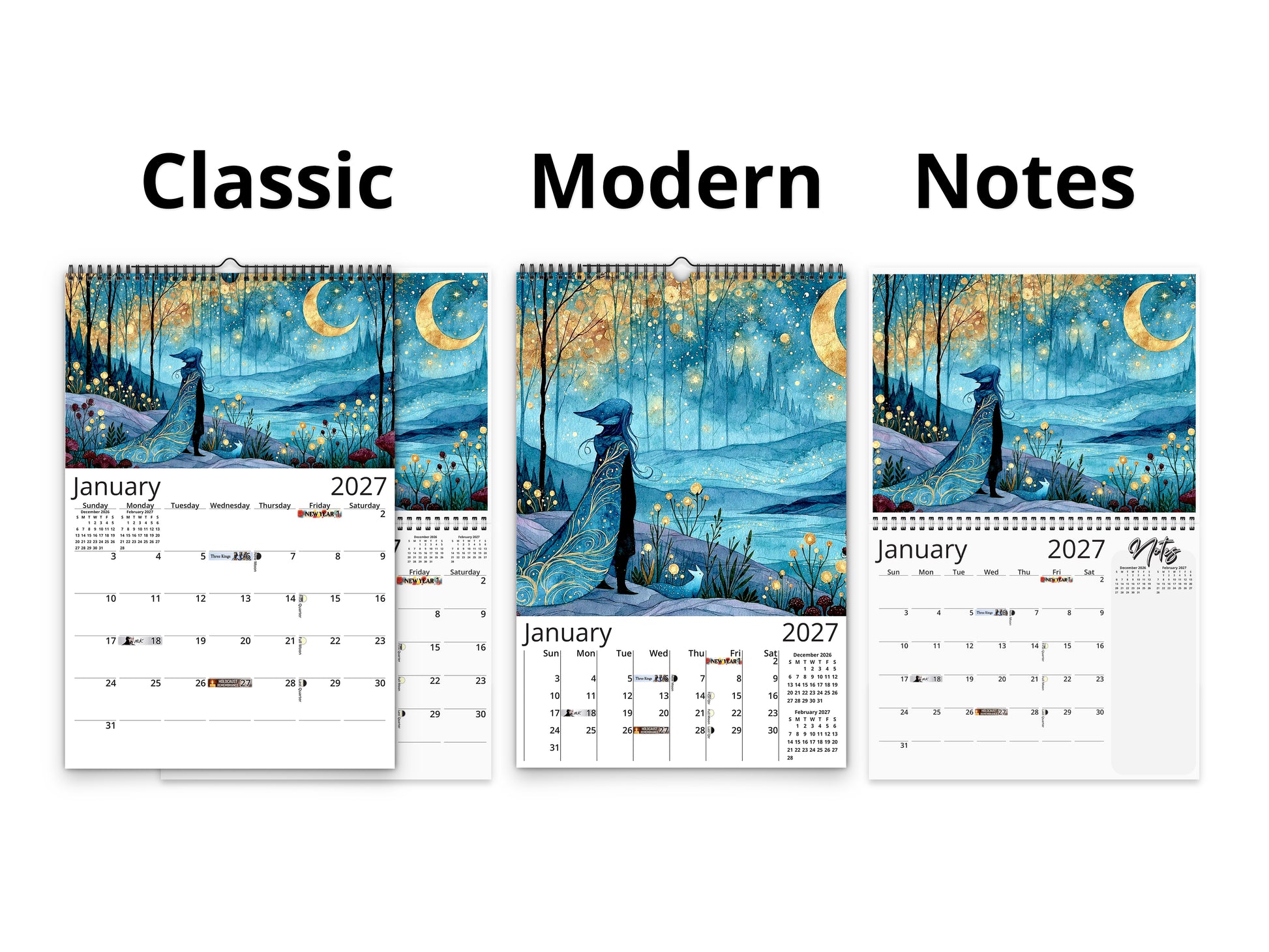 Starry Night 2027 wall calendar calendar layout comparison