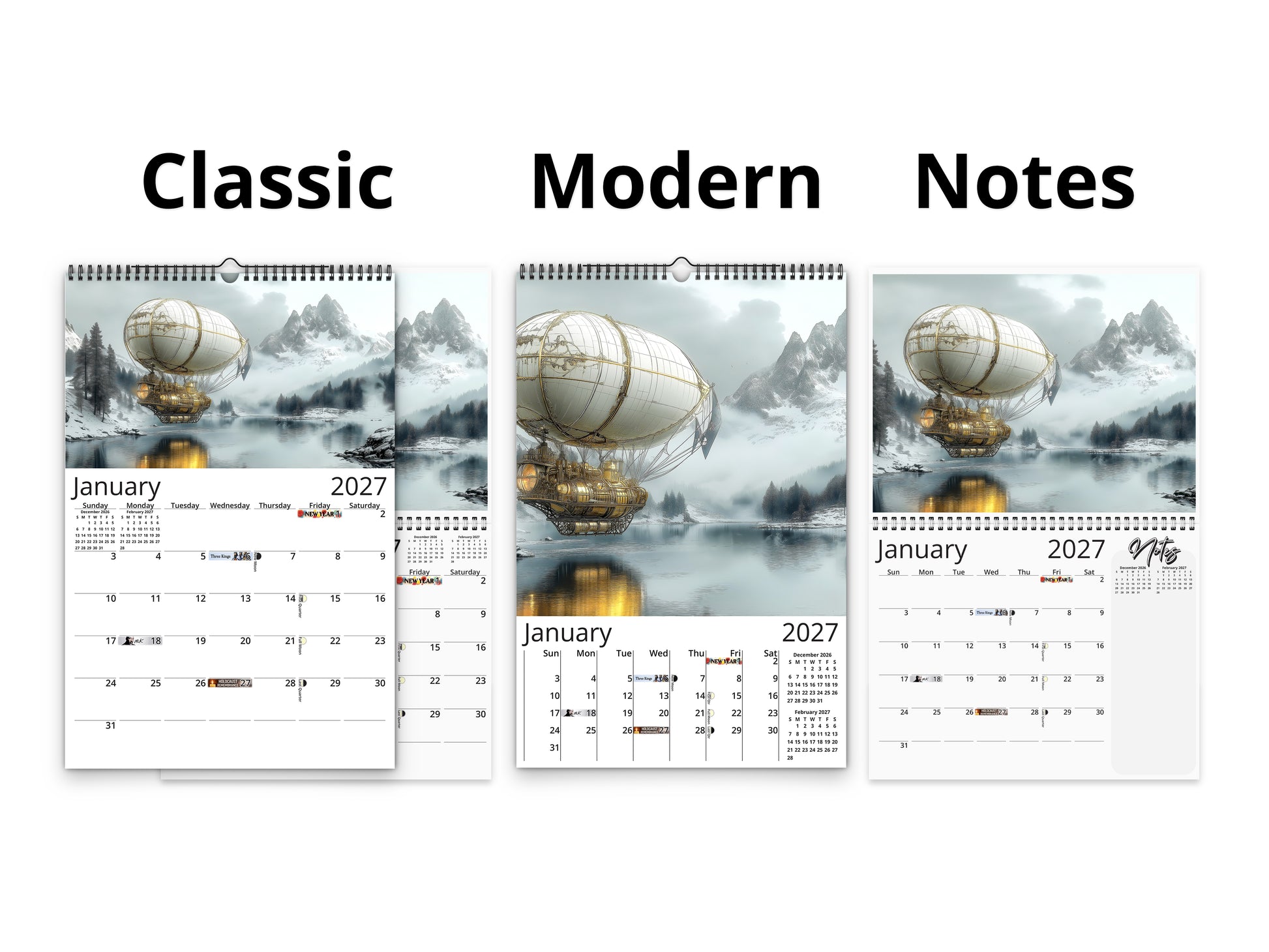 Steampunk Airship 2027 wall calendar calendar layout comparison
